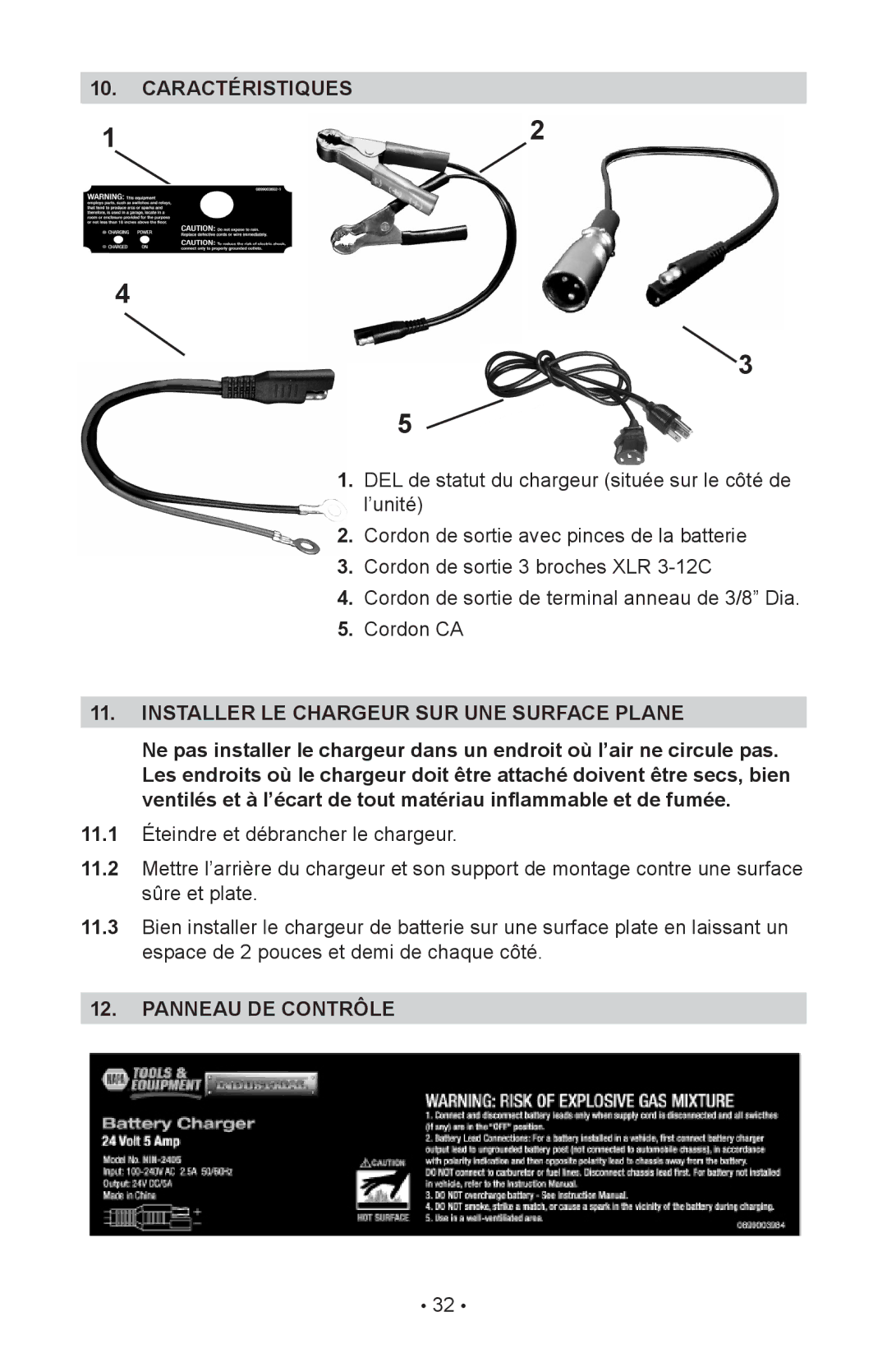 Schumacher INC-2405A owner manual Caractéristiques, Installer LE Chargeur SUR UNE Surface Plane, Panneau DE Contrôle 