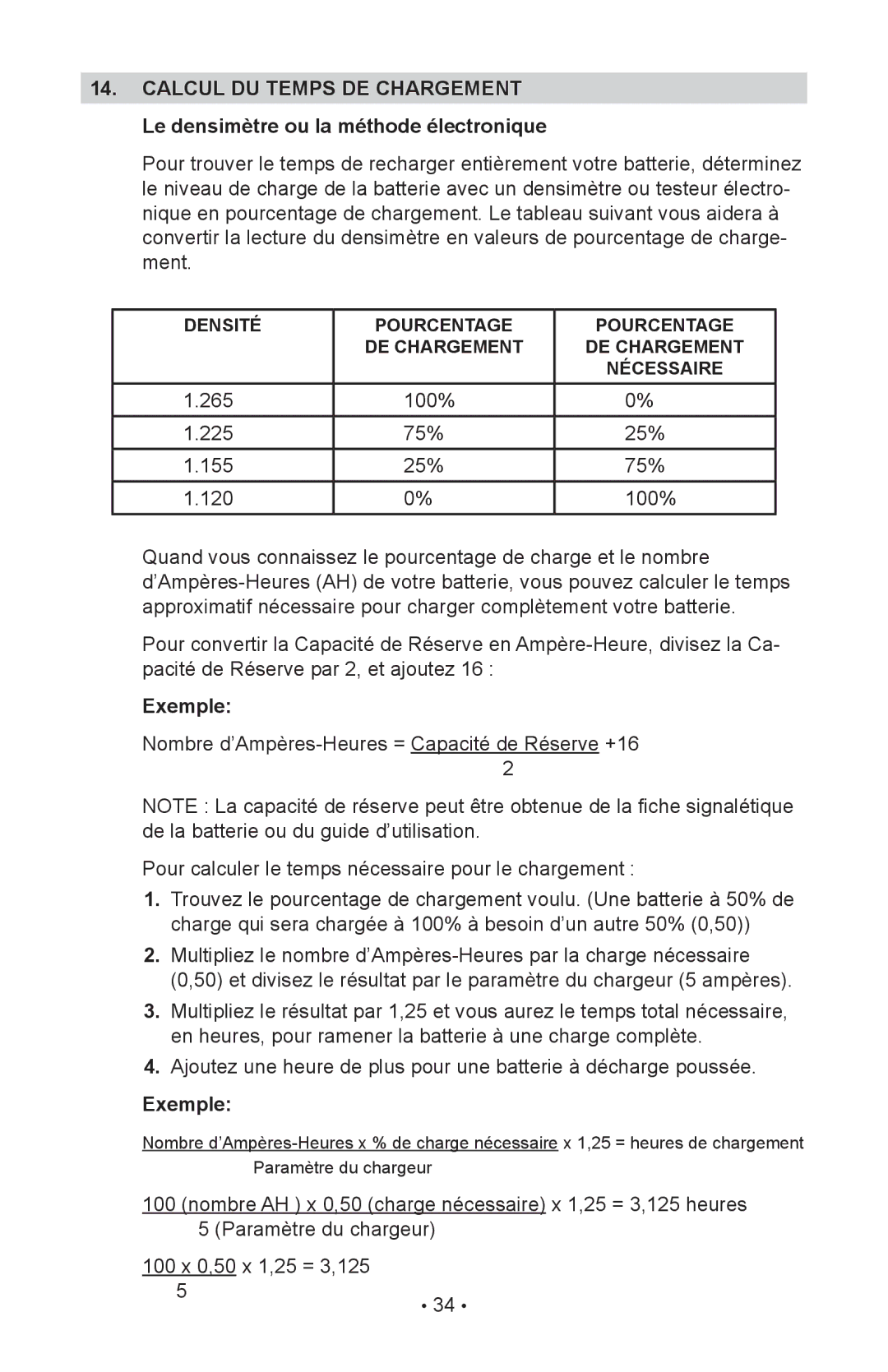 Schumacher INC-2405A owner manual Calcul DU Temps DE Chargement, Le densimètre ou la méthode électronique, Exemple 