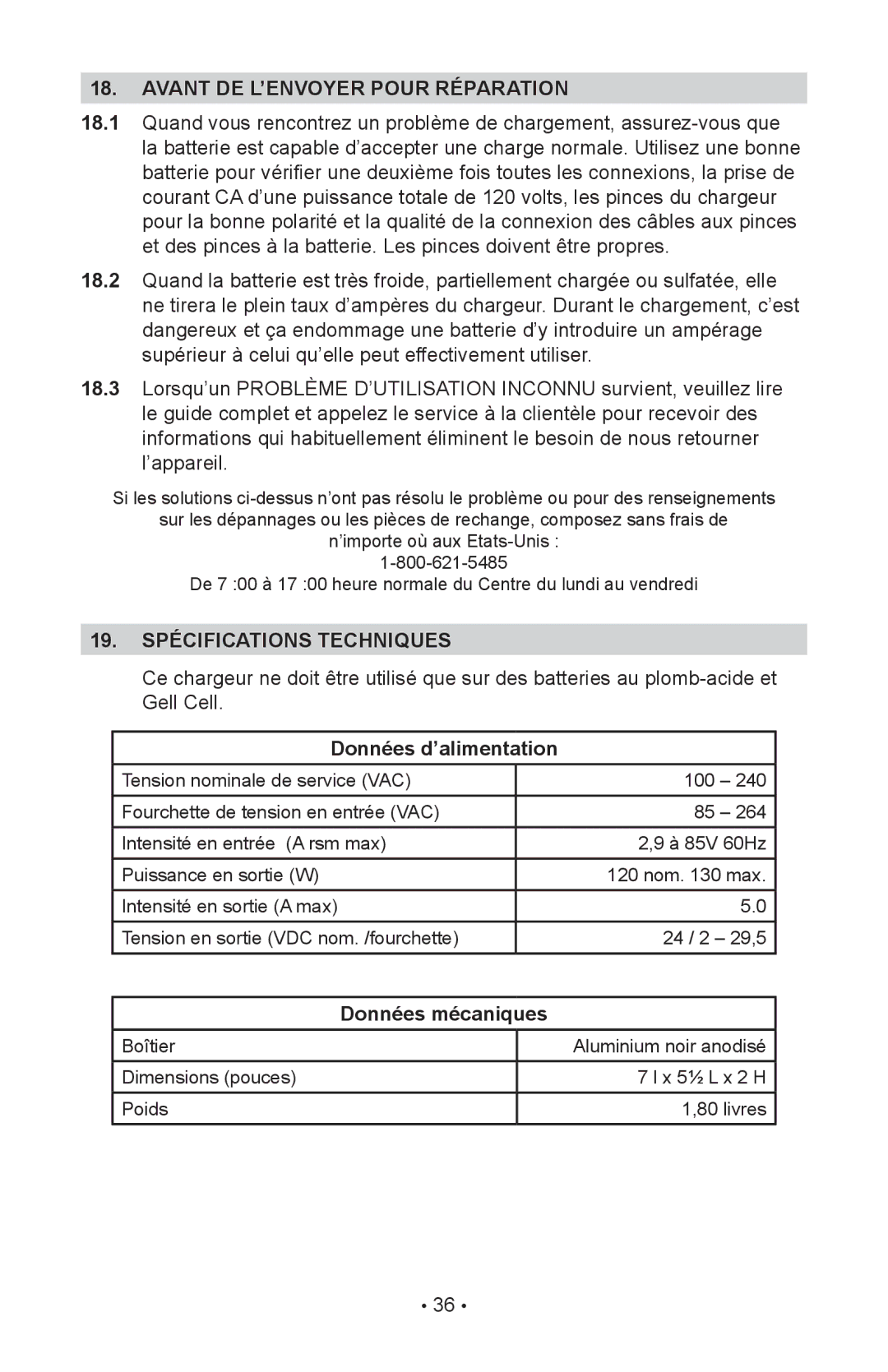 Schumacher INC-2405A owner manual Avant DE L’ENVOYER Pour Réparation, 19. Spécifications Techniques, Données d’alimentation 