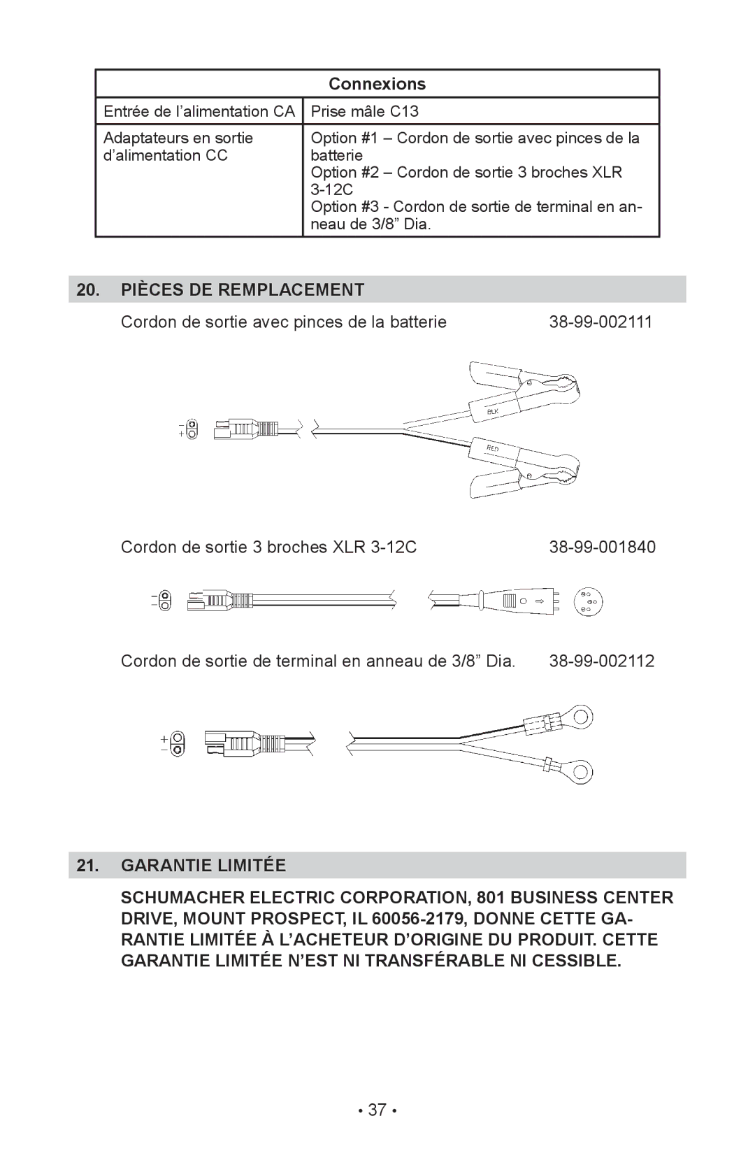 Schumacher INC-2405A owner manual Connexions, 20. Pièces DE Remplacement 