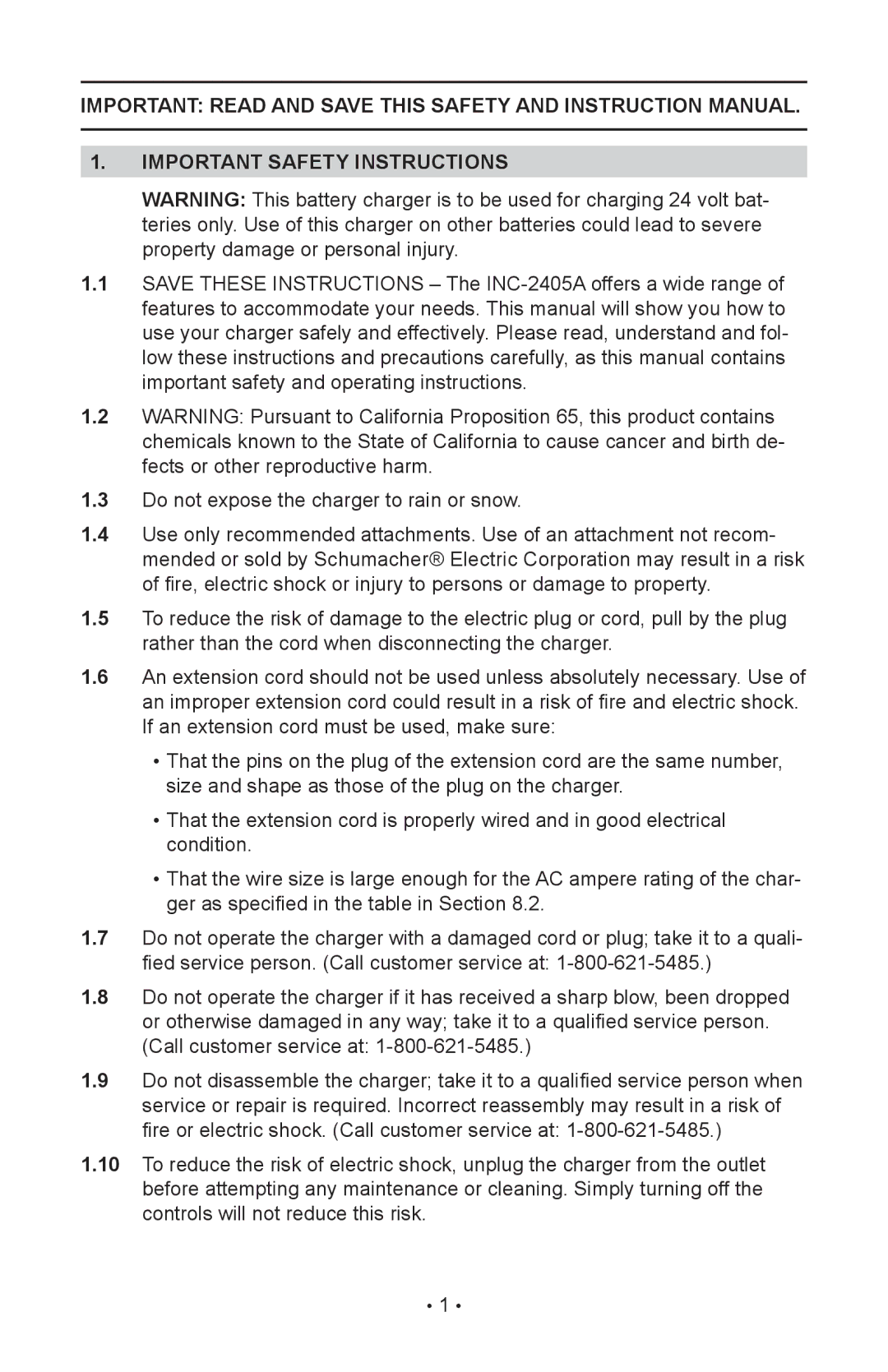 Schumacher INC-2405A owner manual Important Safety Instructions 