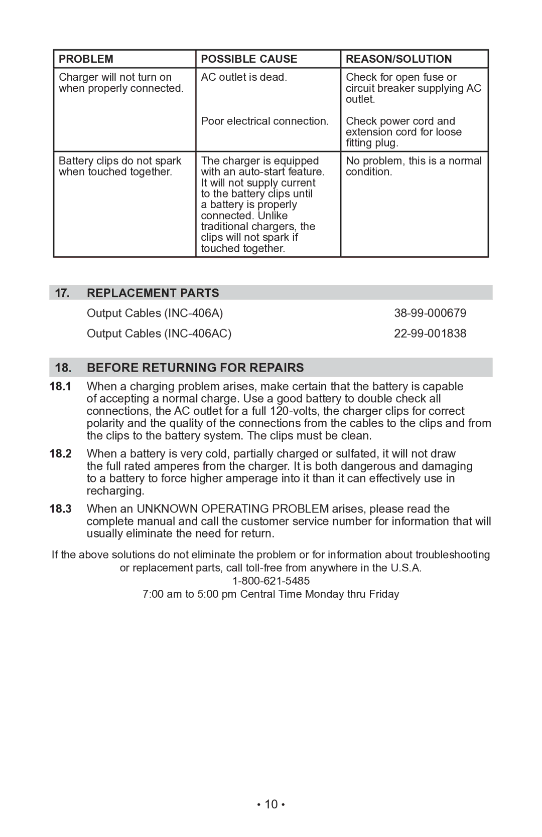 Schumacher 94080043, INC-406AC, 00-99-000940-0110 owner manual Before Returning for Repairs, Replacement Parts 