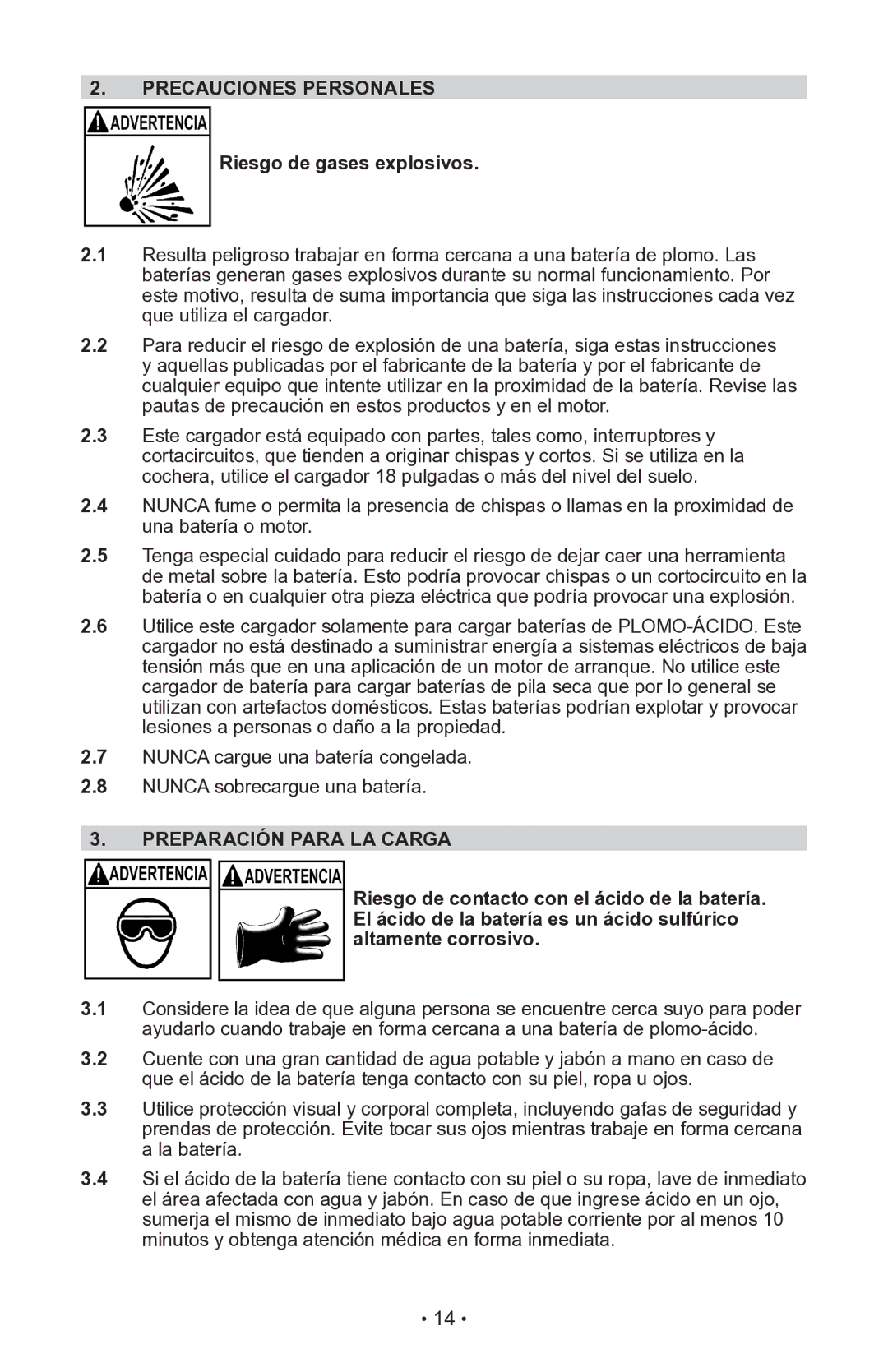 Schumacher 94080043, INC-406AC Precauciones Personales, Riesgo de gases explosivos, Preparación Para LA Carga 