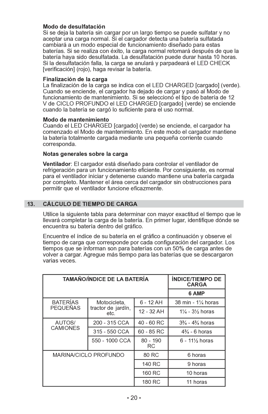 Schumacher INC-406AC, 94080043 13. Cálculo DE Tiempo DE Carga, TAMAÑO/ÍNDICE DE LA Batería ÍNDICE/TIEMPO DE Carga 