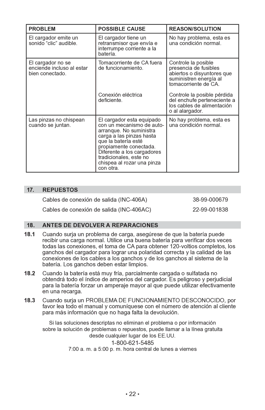 Schumacher 94080043, INC-406AC, 00-99-000940-0110 owner manual Repuestos, Antes DE Devolver a Reparaciones 