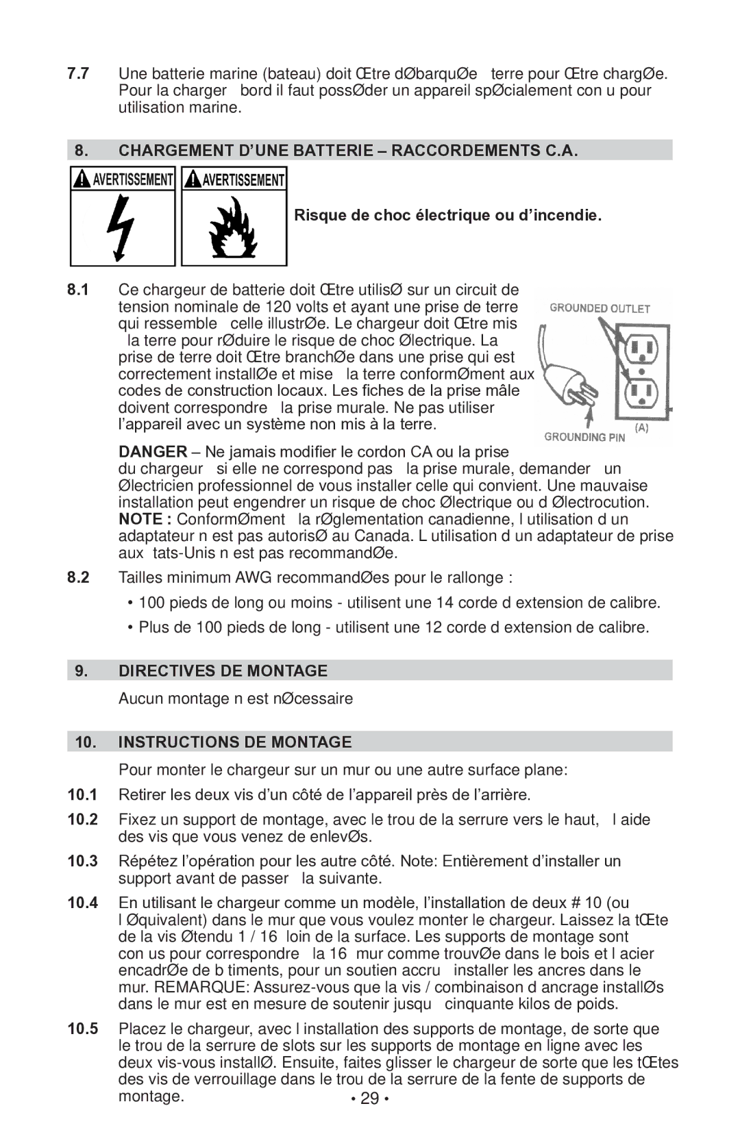 Schumacher INC-406AC, 94080043 Chargement D’UNE Batterie Raccordements C.A, Risque de choc électrique ou d’incendie 