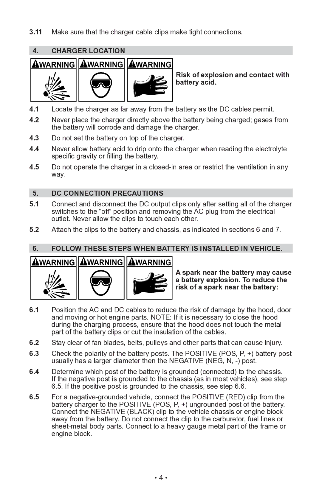 Schumacher INC-406A, 94080043 Charger Location, Risk of explosion and contact with battery acid, DC Connection Precautions 