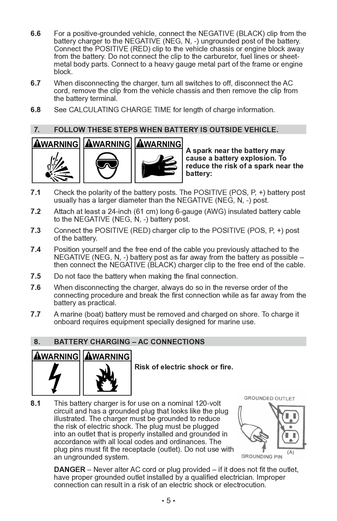 Schumacher INC-406AC, 94080043 Follow These Steps When Battery is Outside Vehicle, Battery Charging AC Connections 