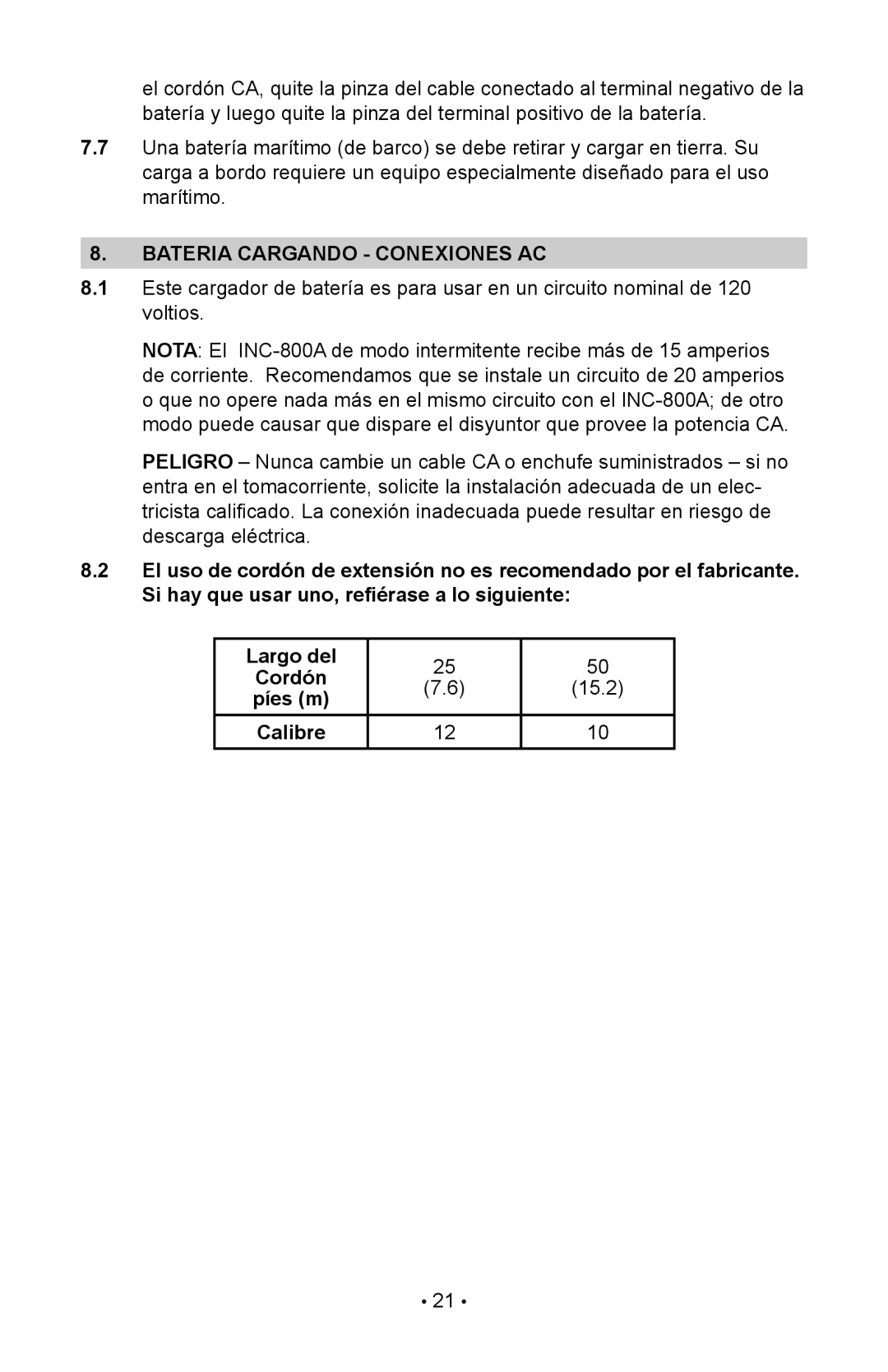 Schumacher INC-800A, 94080034, 00-99-000835/1208 owner manual Bateria Cargando Conexiones AC, Píes m, Calibre 