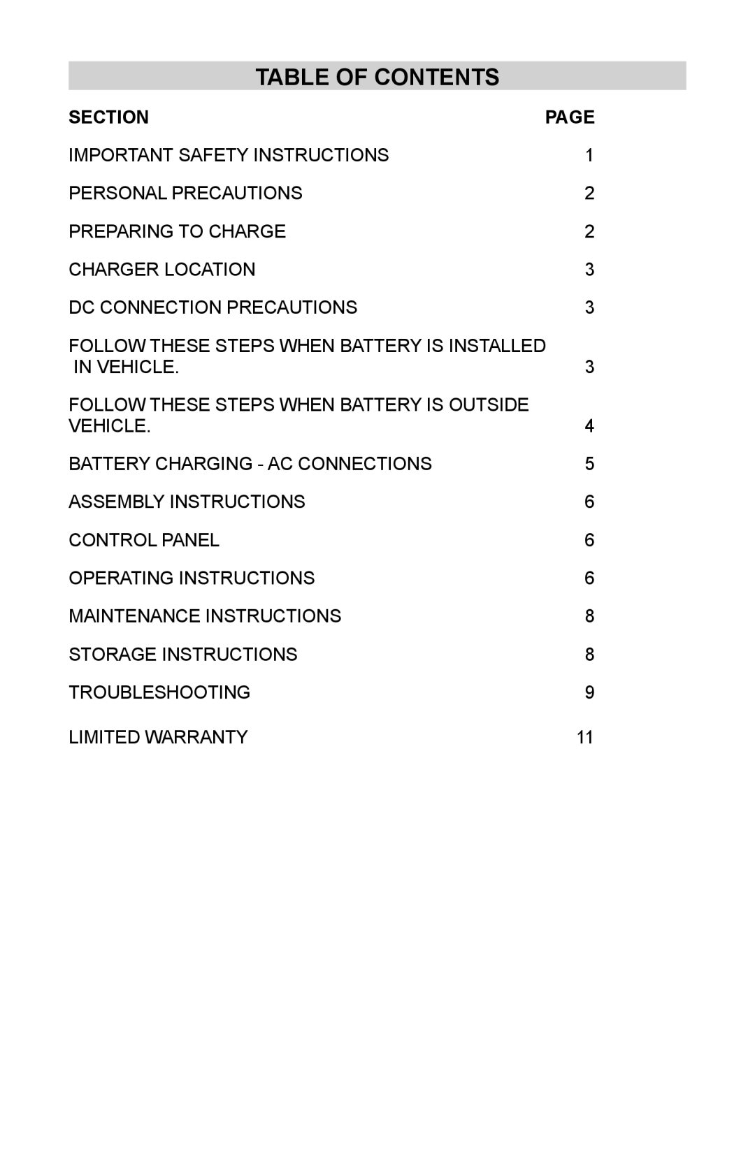 Schumacher INC-800A, 94080034, 00-99-000835/1208 owner manual Table of Contents 