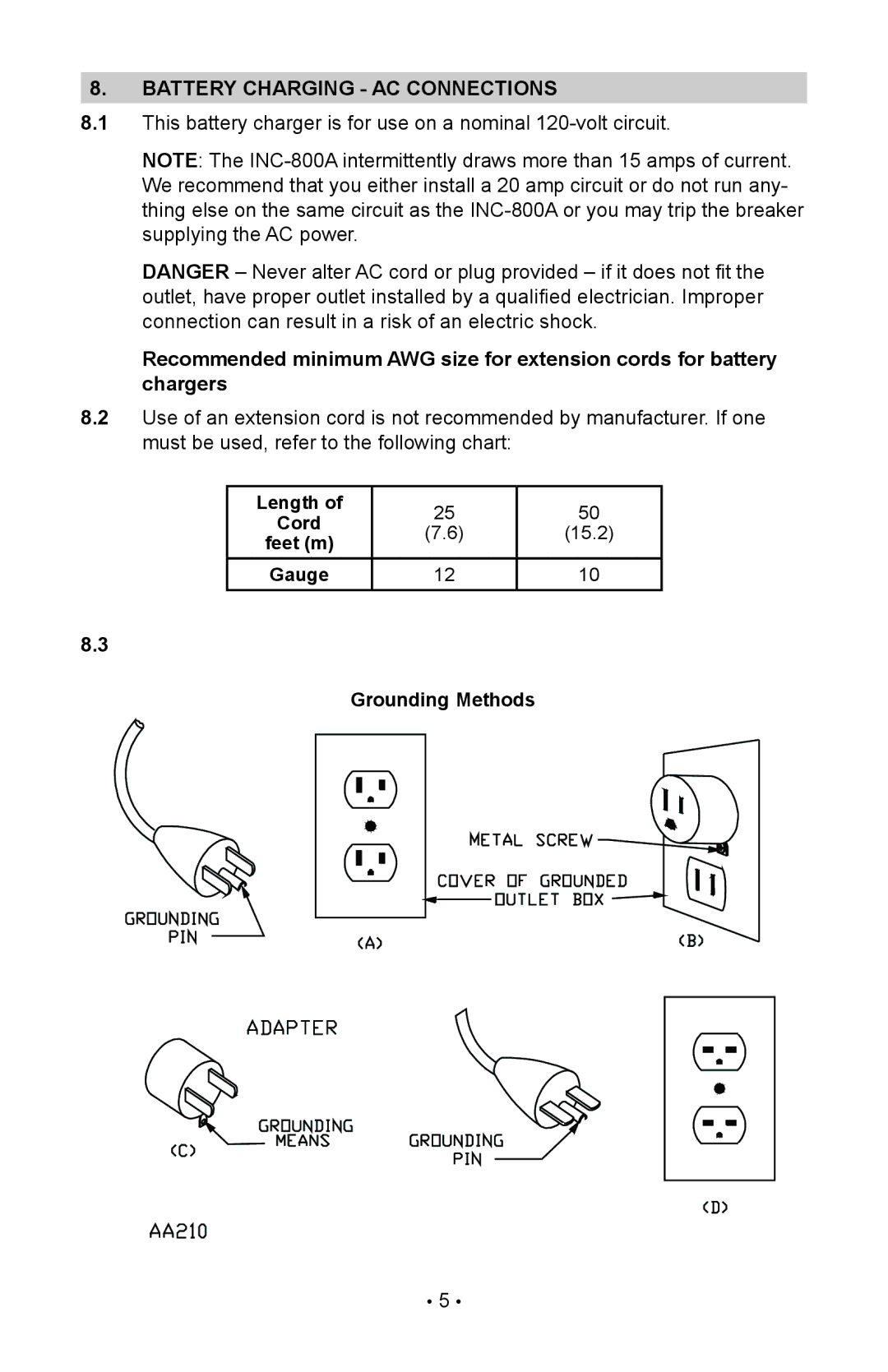 Schumacher INC-800A, 94080034, 00-99-000835/1208 owner manual Battery charging ac connections, Grounding Methods 