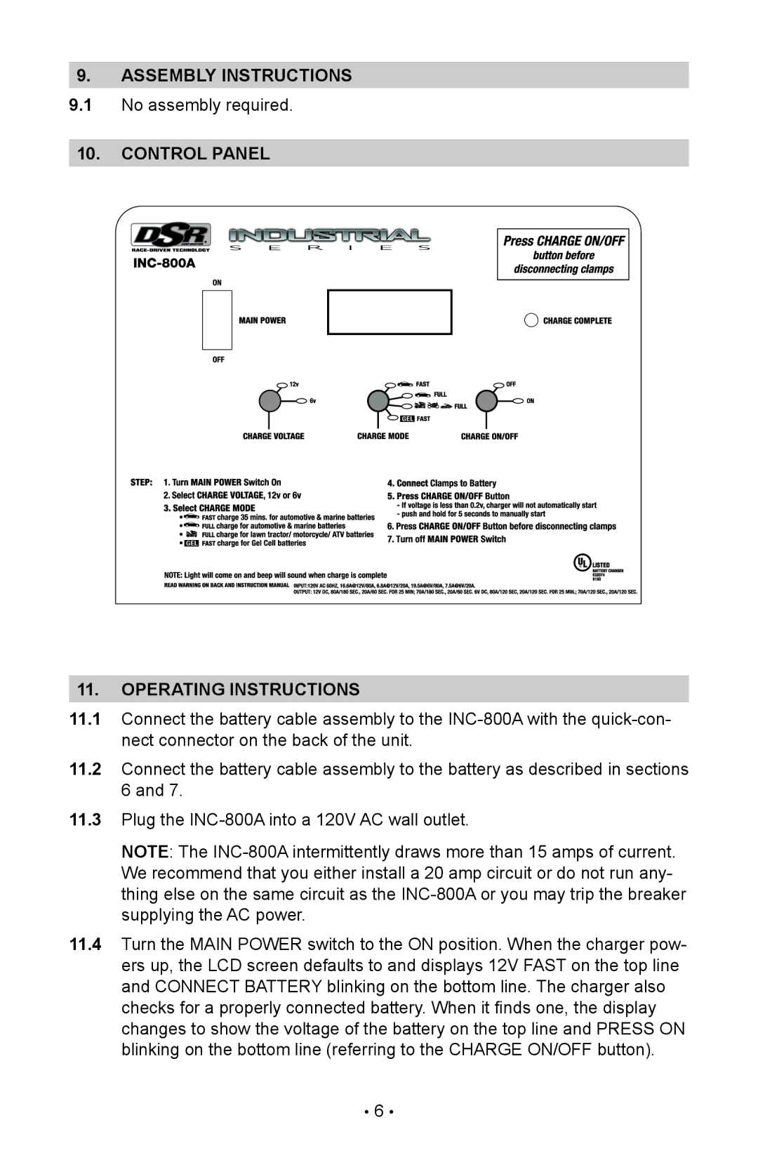 Schumacher 94080034, INC-800A, 00-99-000835/1208 owner manual Assembly instructions, Control panel Operating instructions 