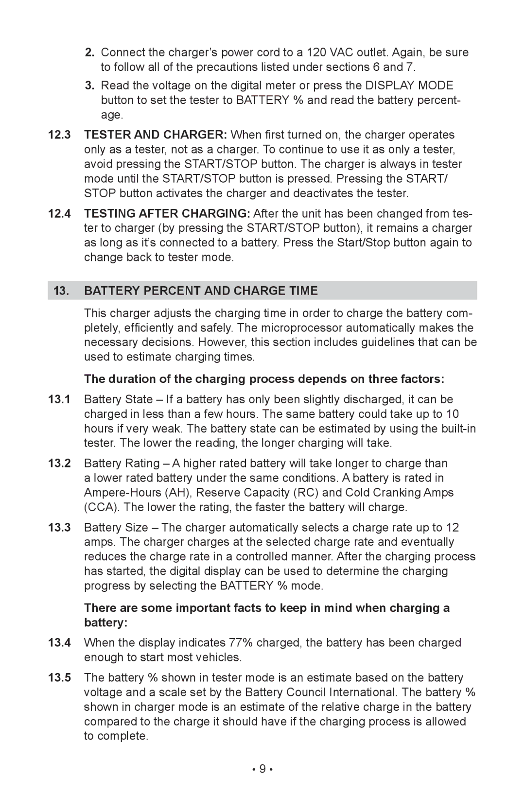 Schumacher INC-812A, 94080037 Battery percent and charge time, Duration of the charging process depends on three factors 