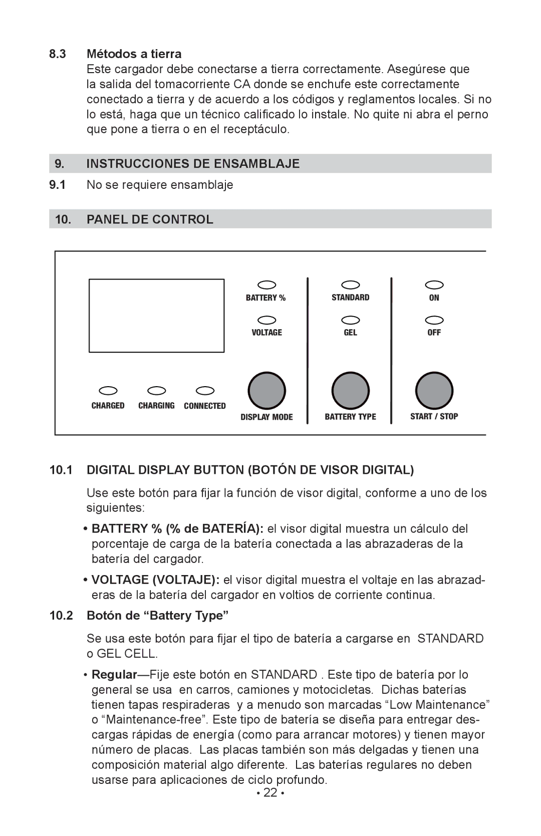 Schumacher 94080037, INC-812A Métodos a tierra, Instrucciones DE Ensamblaje, Panel DE Control, 10.2 Botón de Battery Type 