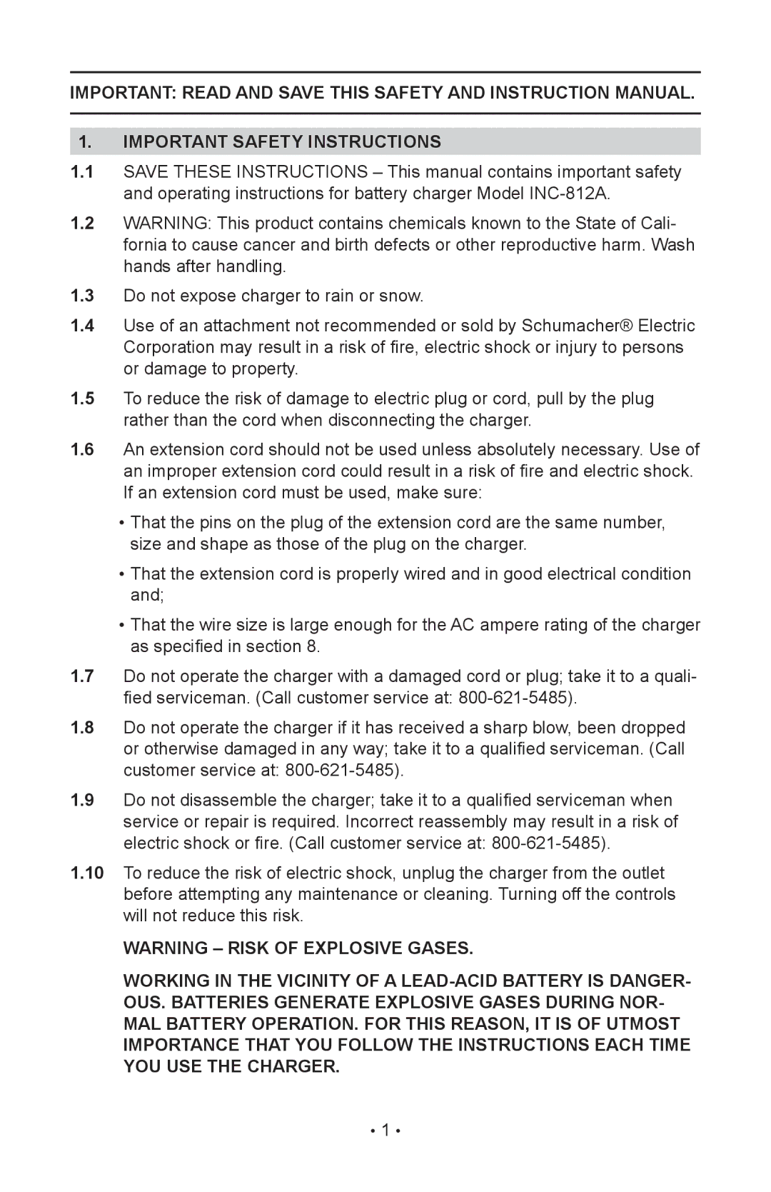 Schumacher INC-812A, 94080037, 00-99-000886/1208 operating instructions Important Safety Instructions 