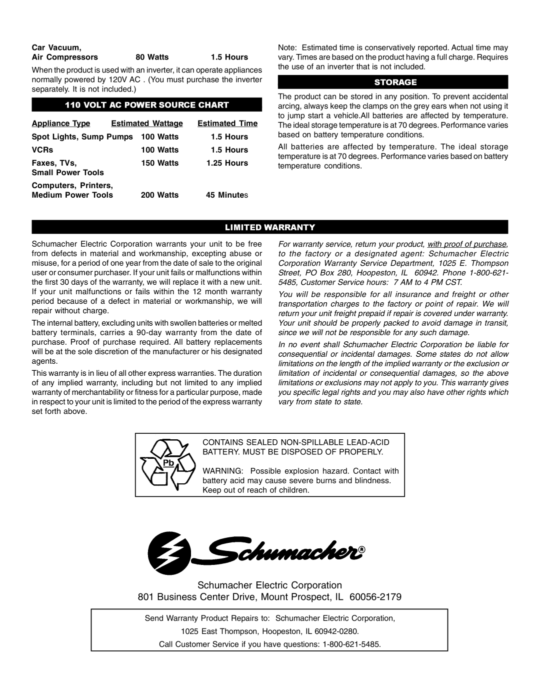 Schumacher IPD-1800, IP-180 Car Vacuum Air Compressors Watts Hours, Volt AC Power Source Chart, Storage, Limited Warranty 