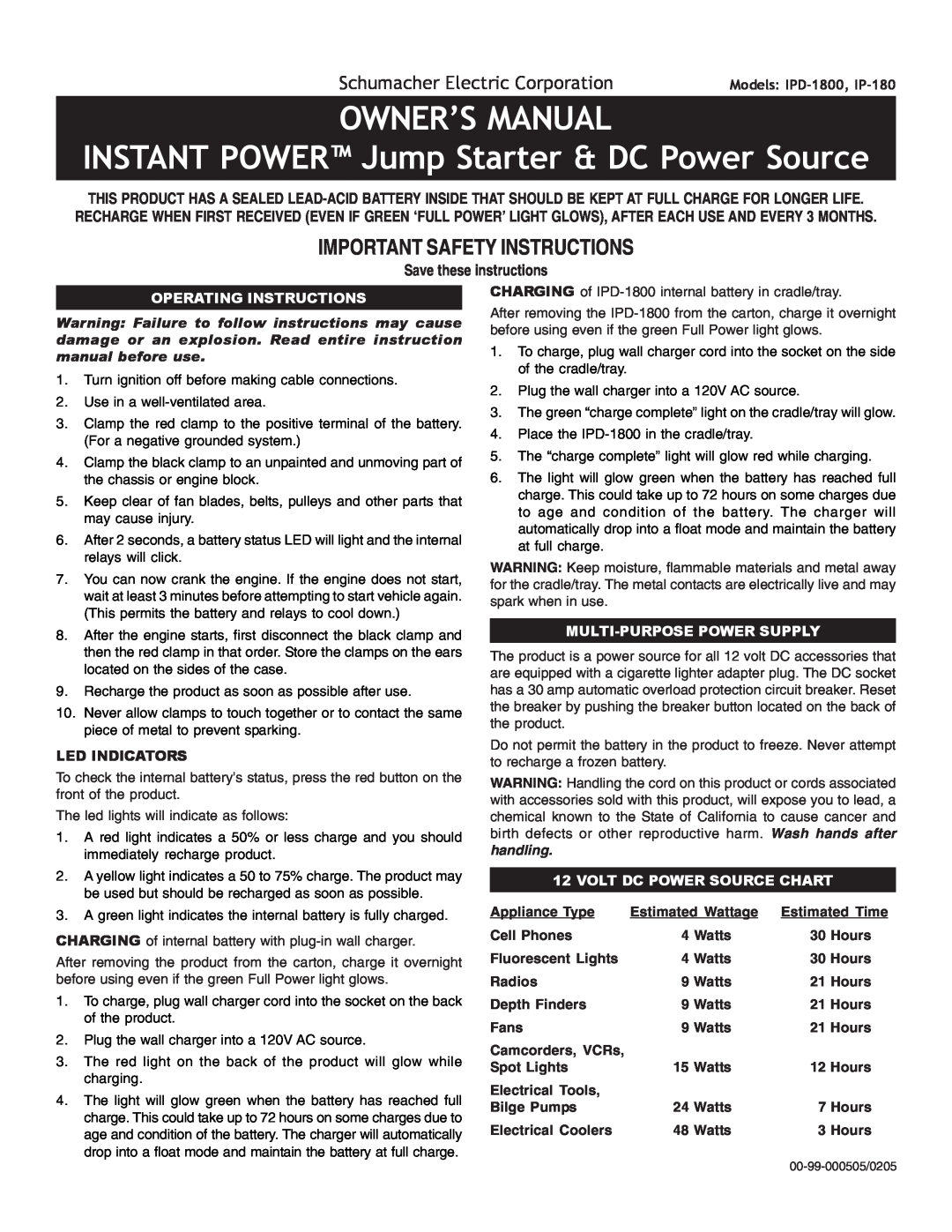 Schumacher 94026831, IP-180 owner manual Operating Instructions, Multi-Purpose Power Supply, Volt Dc Power Source Chart 