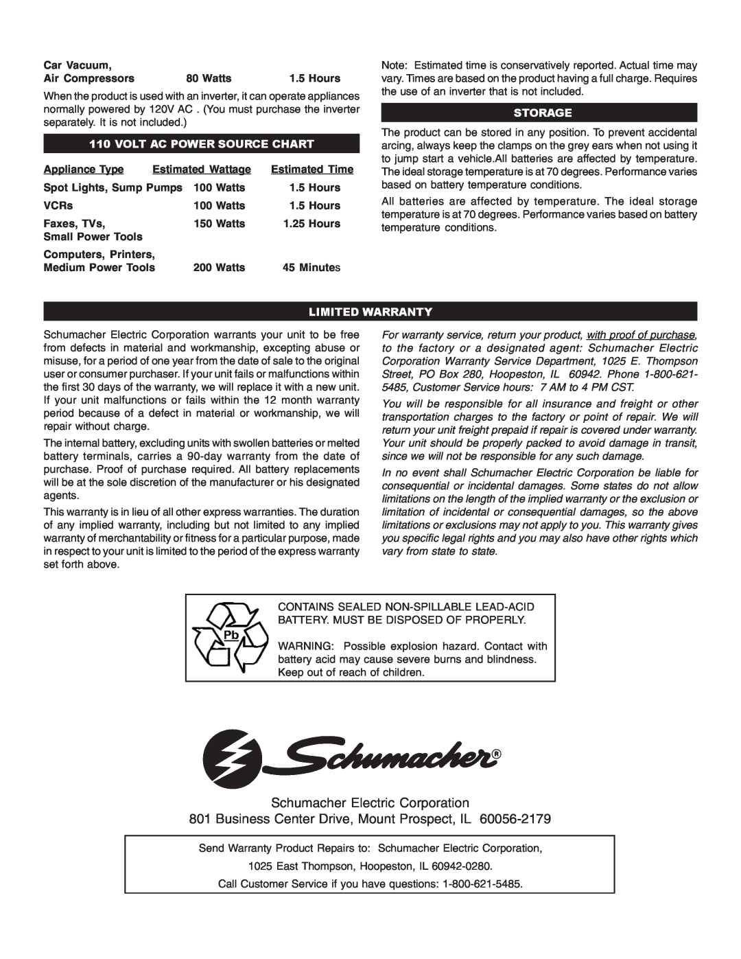 Schumacher IPD-1800, IP-180 Volt Ac Power Source Chart, Storage, Limited Warranty, Schumacher Electric Corporation 