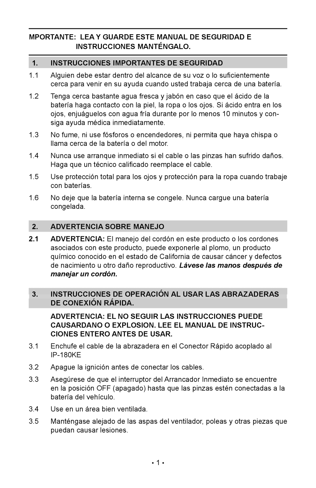 Schumacher IP-180KE instruction manual Instrucciones importantes de seguridad, Advertencia sobre manejo 