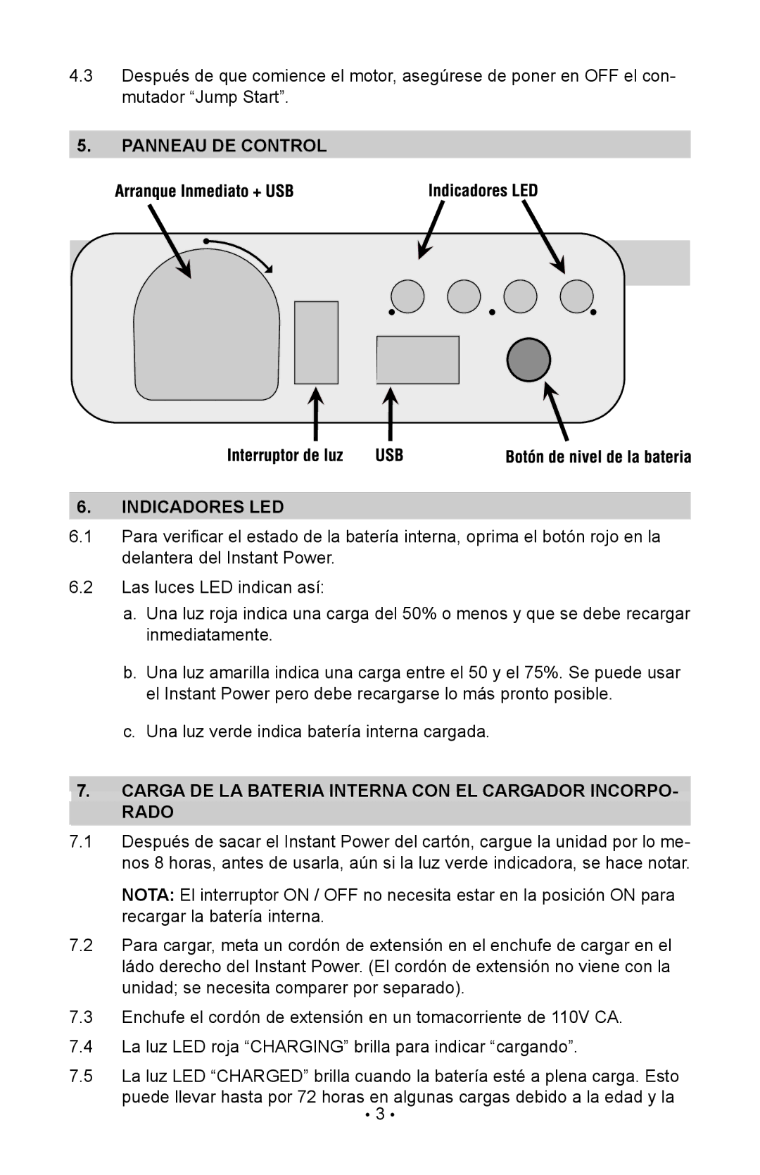 Schumacher IP-180KE Panneau de control Indicadores led, Carga de la bateria interna con el cargador incorpo- rado 