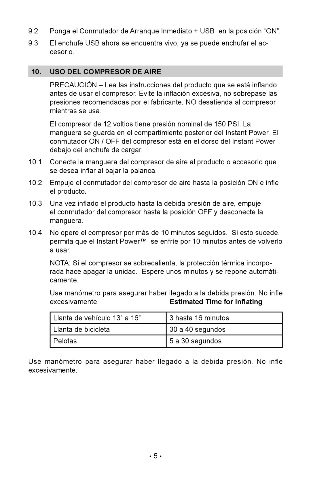 Schumacher IP-180KE instruction manual Uso del compresor de aire, Estimated Time for Inflating 