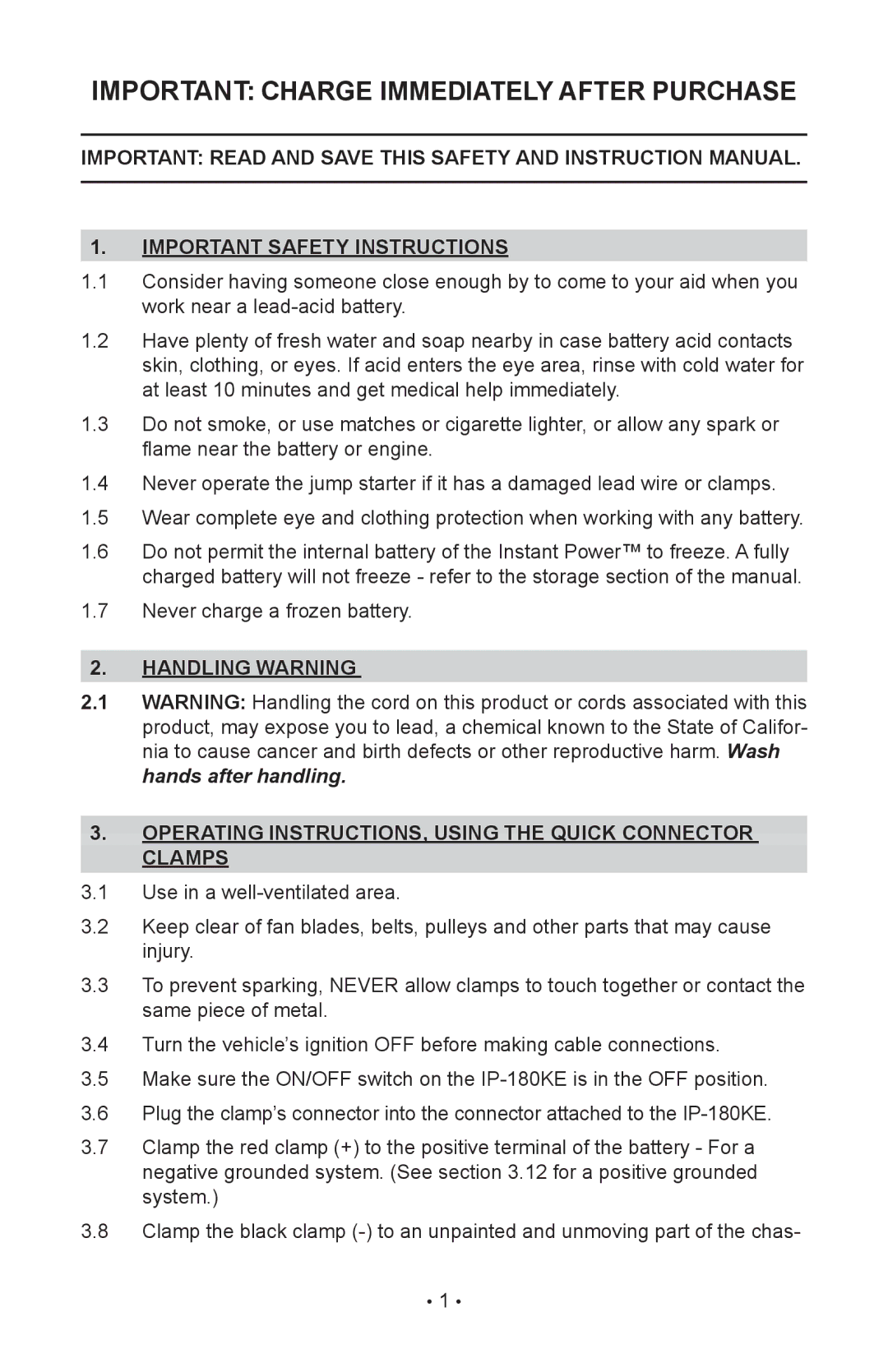 Schumacher IP-180KE instruction manual Important Charge Immediately After Purchase, Important safety instructions 