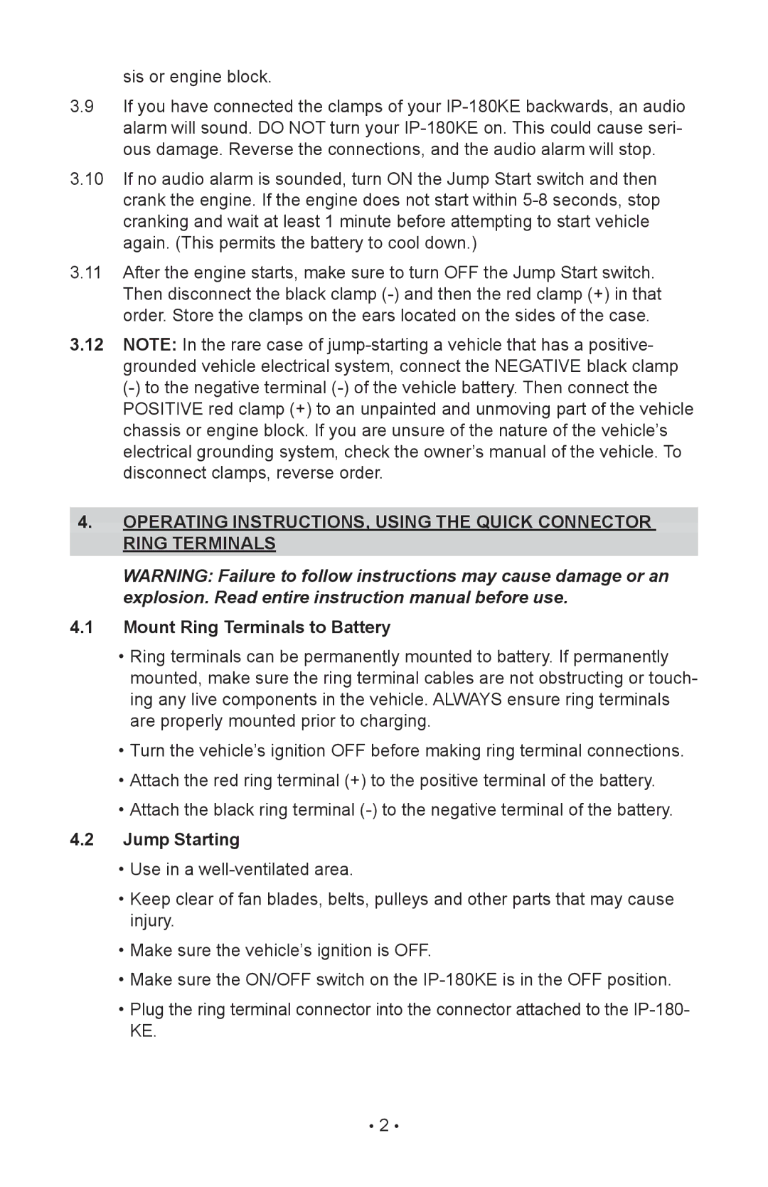 Schumacher IP-180KE instruction manual Mount Ring Terminals to Battery, Jump Starting 