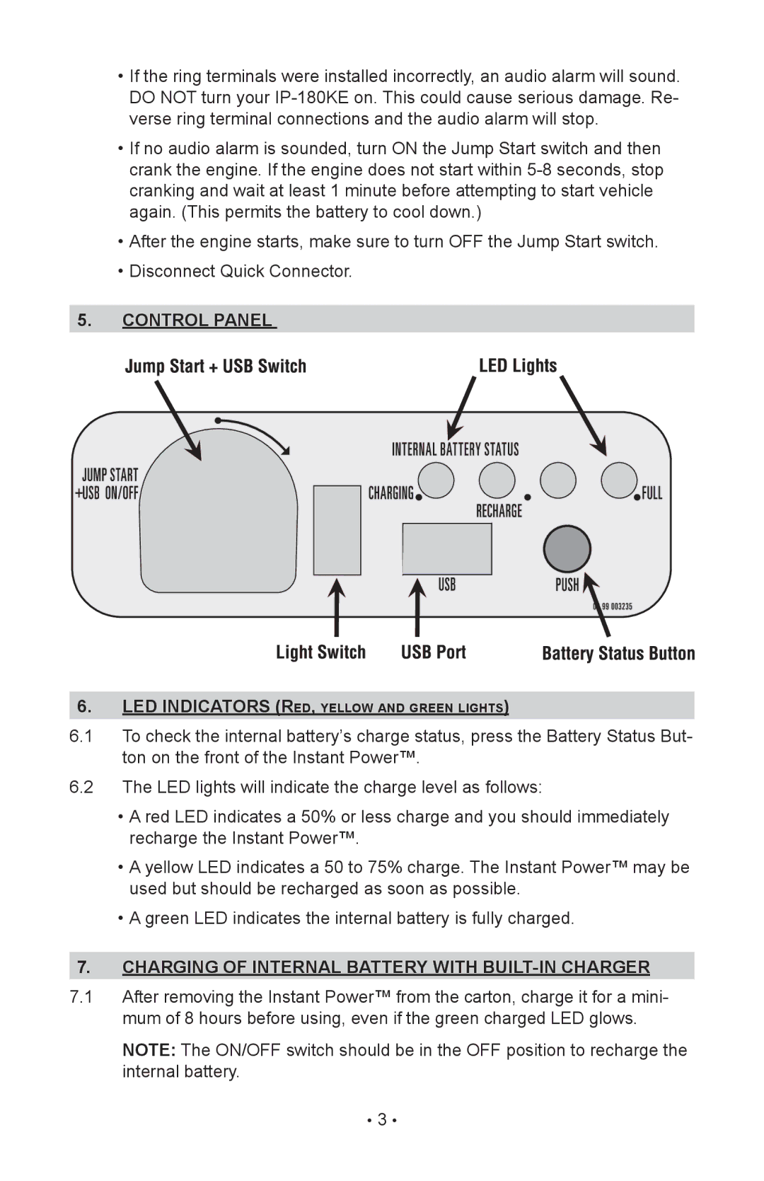 Schumacher IP-180KE instruction manual Control panel, Charging of internal battery with built-in charger 