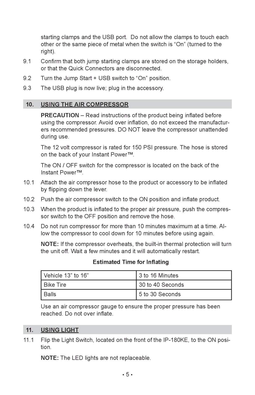 Schumacher IP-180KE instruction manual Using the air compressor, Estimated Time for Inflating, Using light 