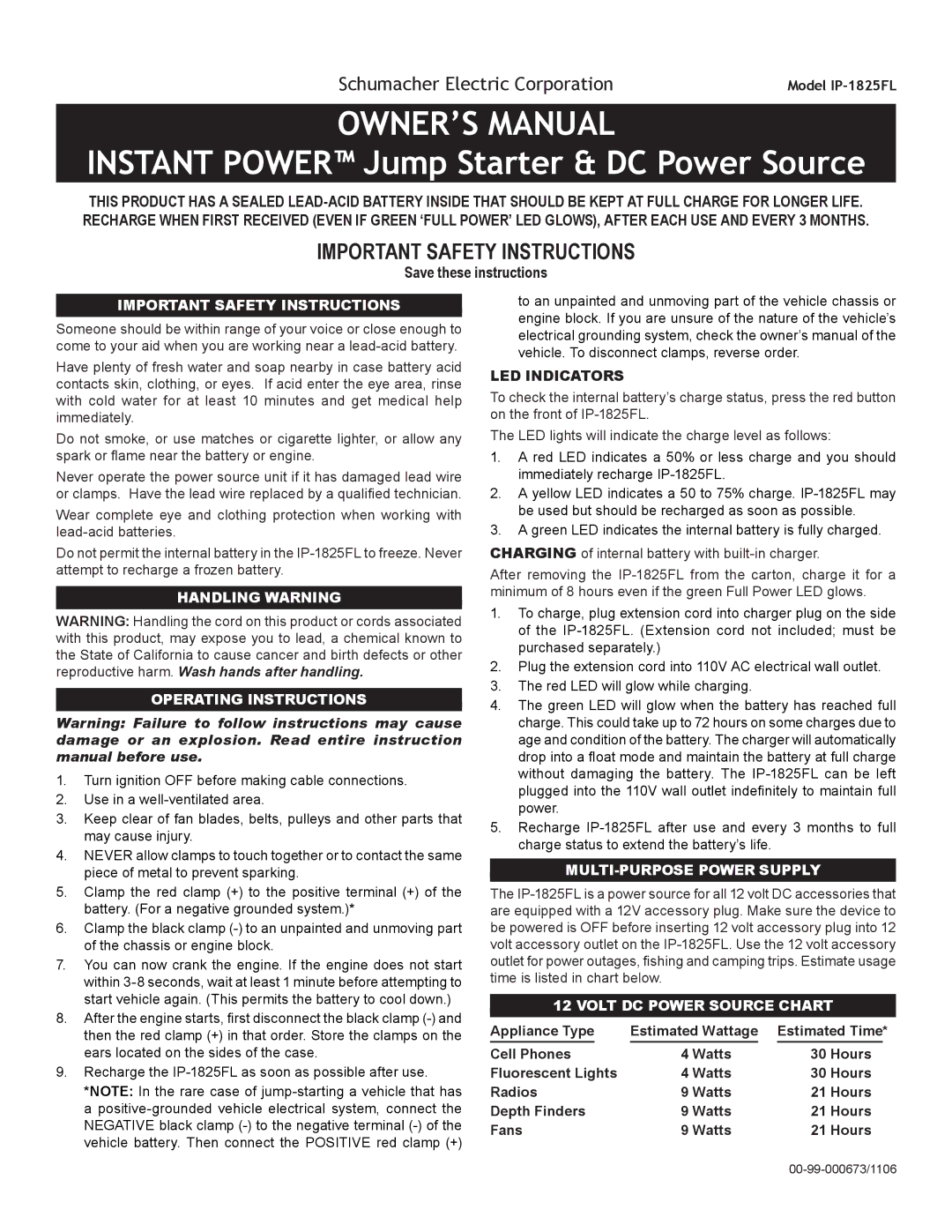 Schumacher IP-1825FL owner manual Instant Power Jump Starter & DC Power Source, Important Safety Instructions 