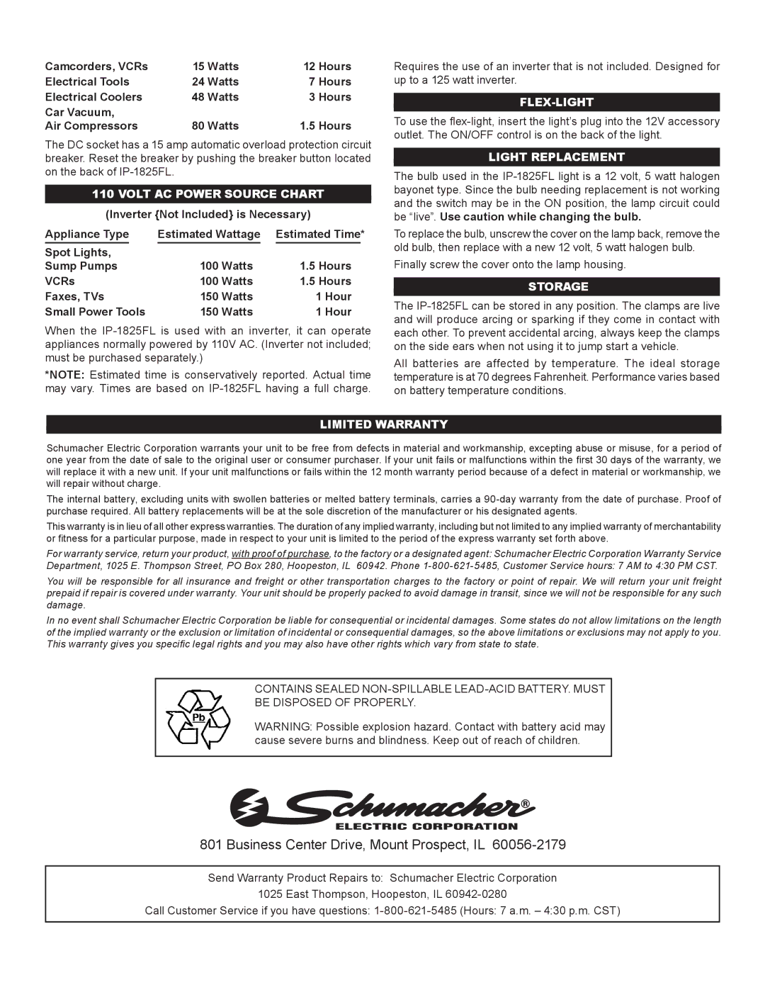 Schumacher IP-1825FL owner manual Volt AC Power Source Chart, Flex-Light, Light Replacement, Storage, Limited Warranty 