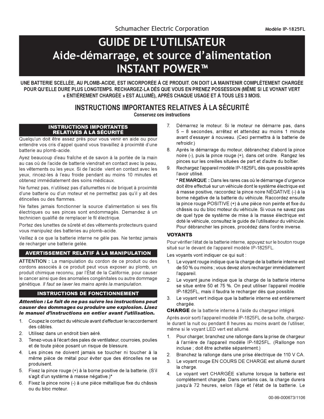 Schumacher IP-1825FL owner manual Guide DE L’UTILISATEUR, Aide-démarrage, et source d’alimentation, Instant Power 