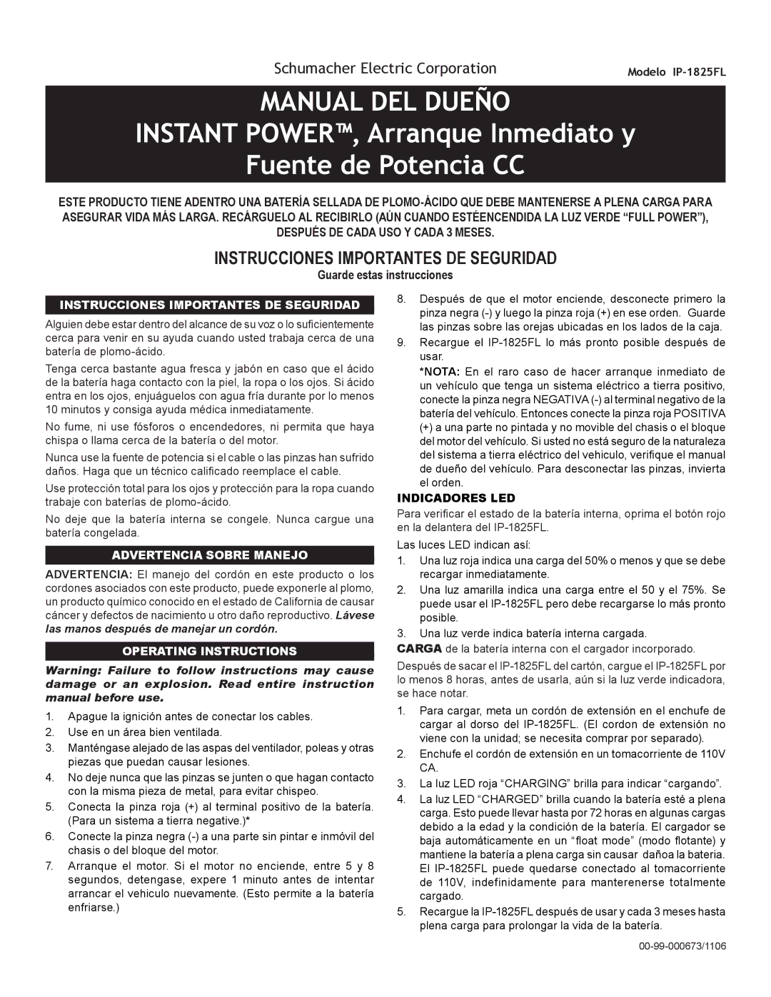 Schumacher IP-1825FL owner manual Manual DEL Dueño, Instant POWER, Arranque Inmediato y Fuente de Potencia CC 