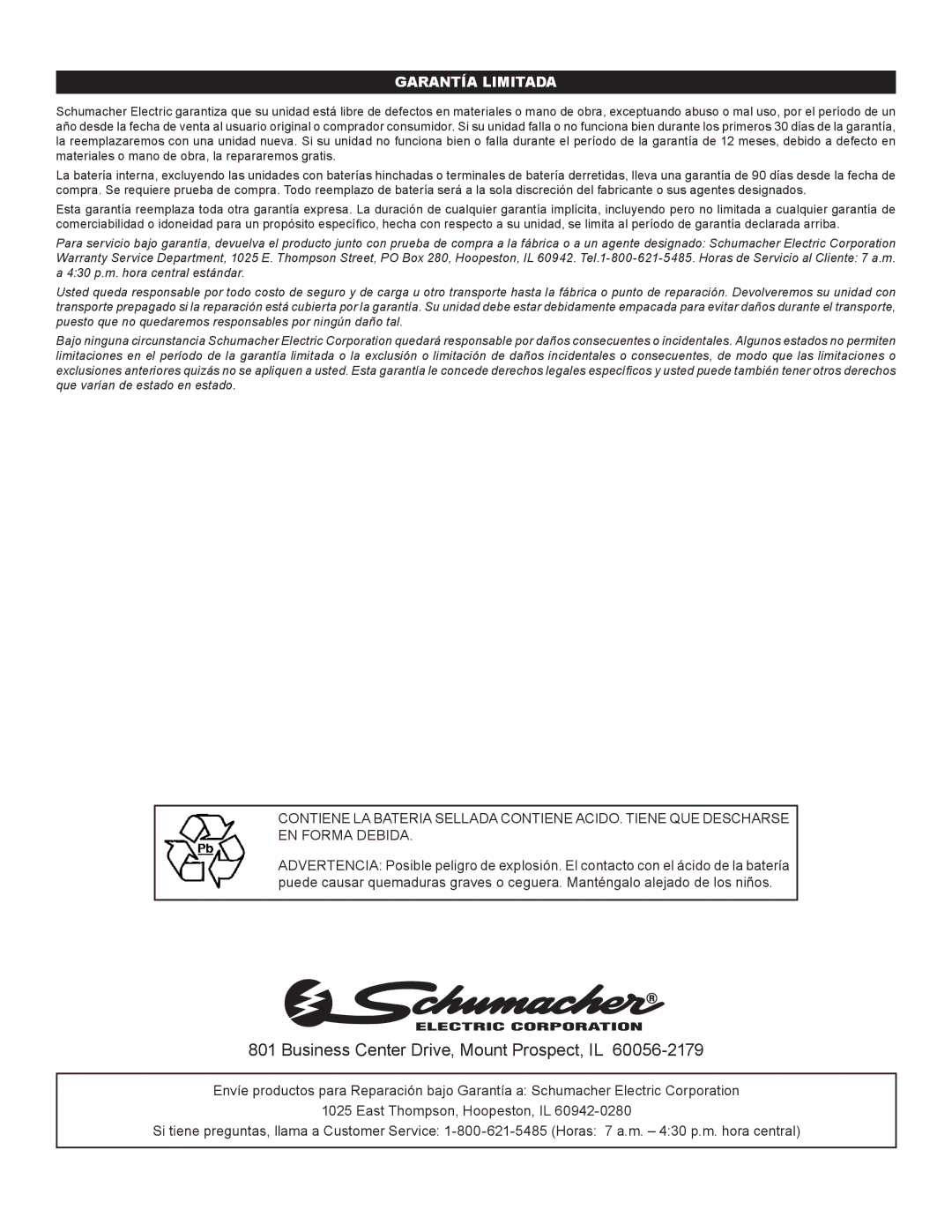 Schumacher IP-1825FL owner manual Garantía Limitada 