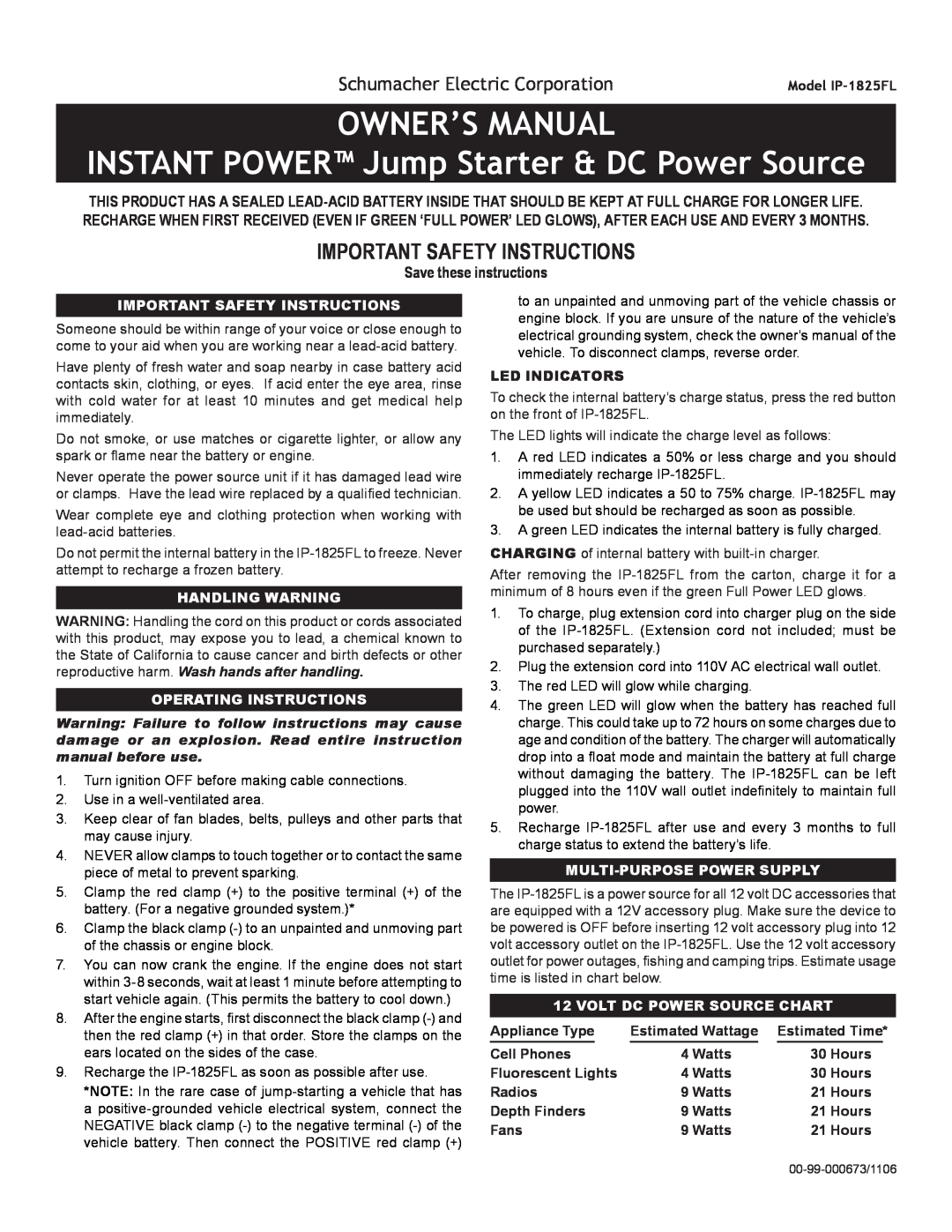 Schumacher IP-1825FL owner manual OWNER’S MANUAL INSTANT POWER Jump Starter & DC Power Source, Save these instructions 