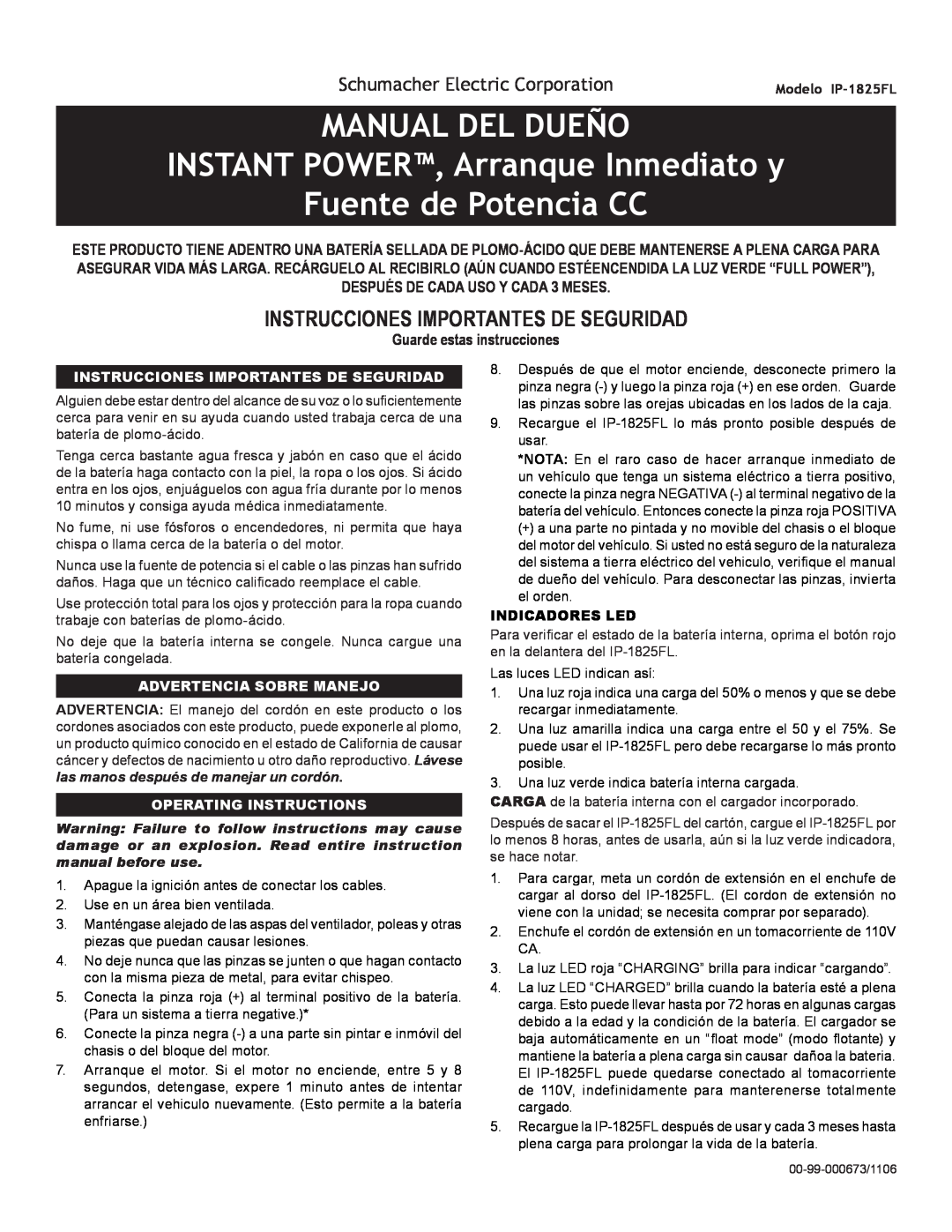 Schumacher IP-1825FL MANUAL DEL DUEÑO INSTANT POWER, Arranque Inmediato y, Fuente de Potencia CC, Advertencia Sobre Manejo 