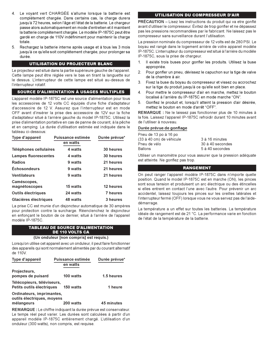 Schumacher IP-1875C Utilisation DU Projecteur Blanc, Source d’alimentation à usages multiples, Rangement 