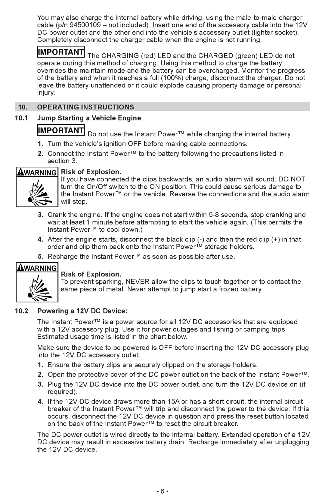 Schumacher IP-1875C Operating Instructions, Jump Starting a Vehicle Engine, Risk of Explosion, Powering a 12V DC Device 