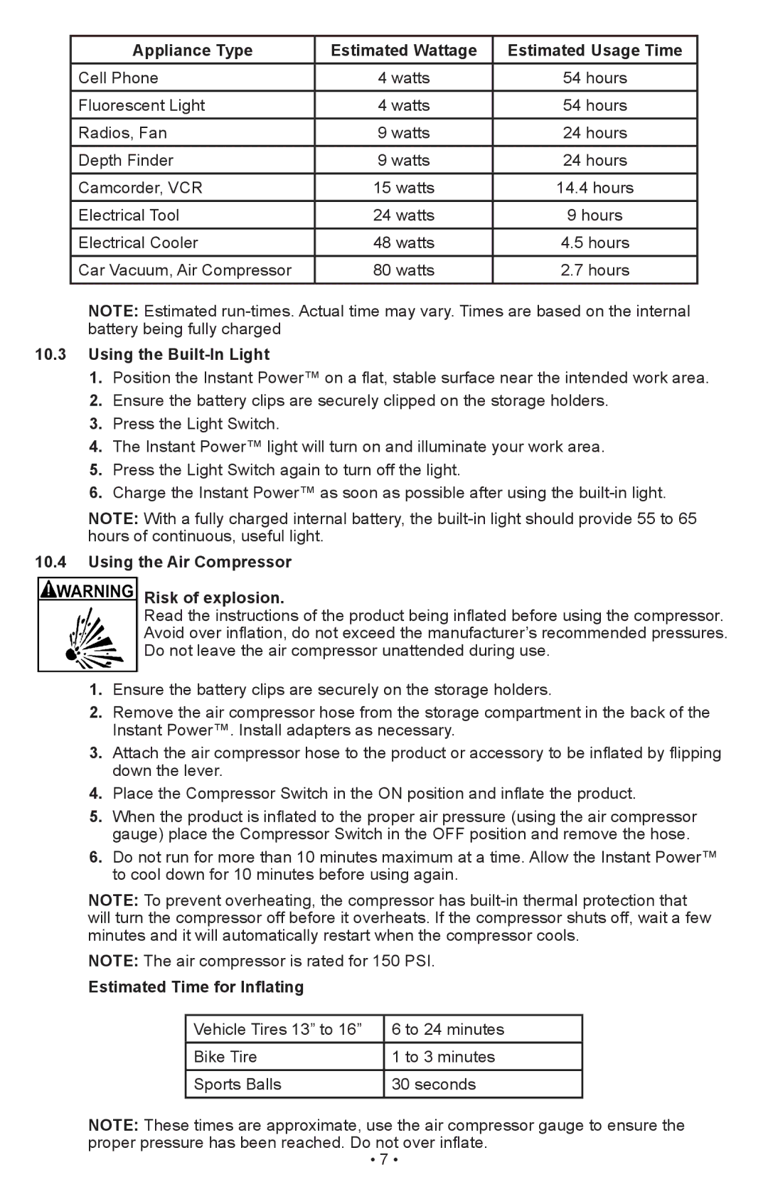 Schumacher IP-1875C owner manual Appliance Type Estimated Wattage Estimated Usage Time, Using the Built-In Light 