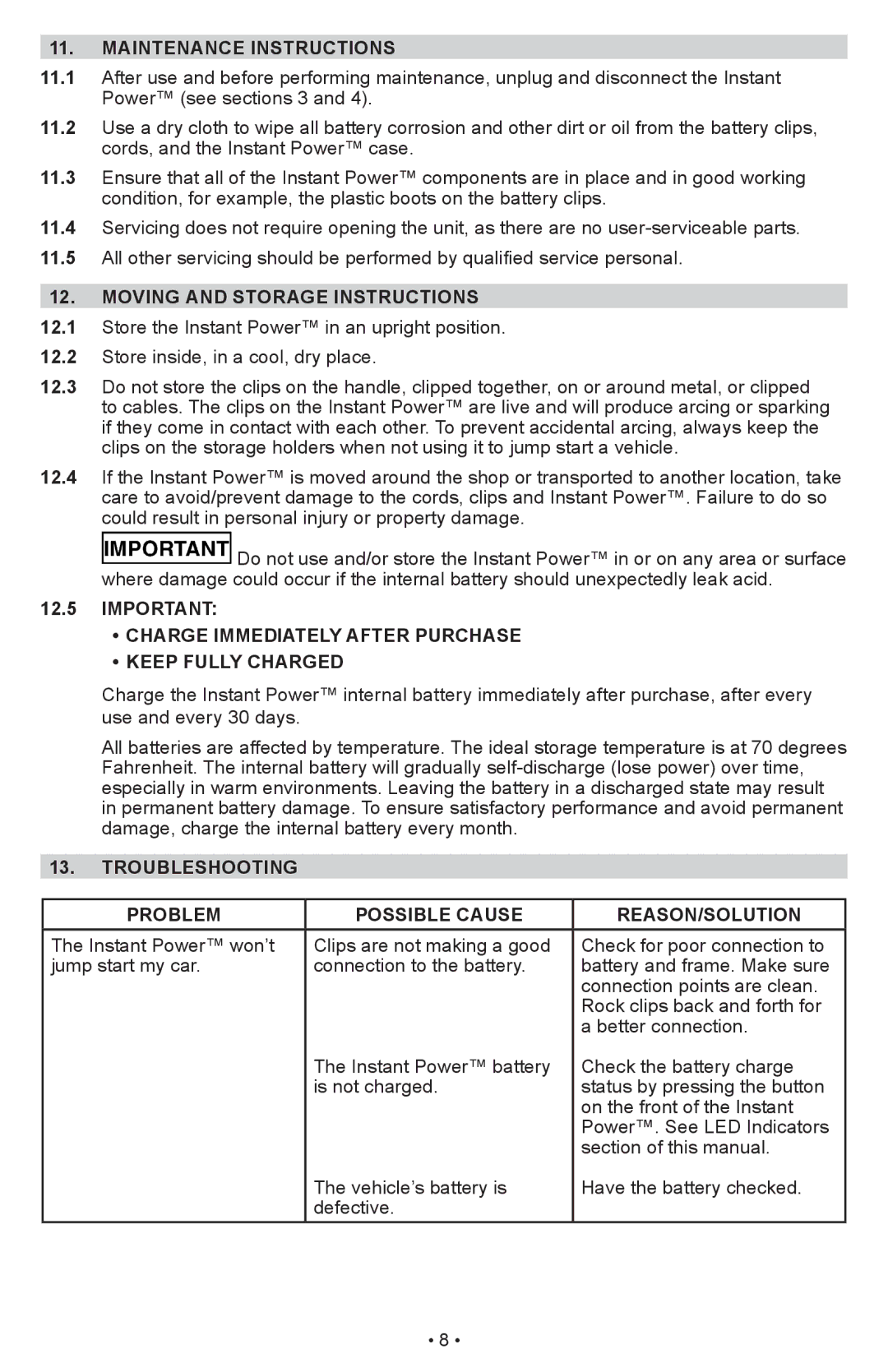 Schumacher IP-1875C owner manual Maintenance Instructions, Moving and Storage Instructions 