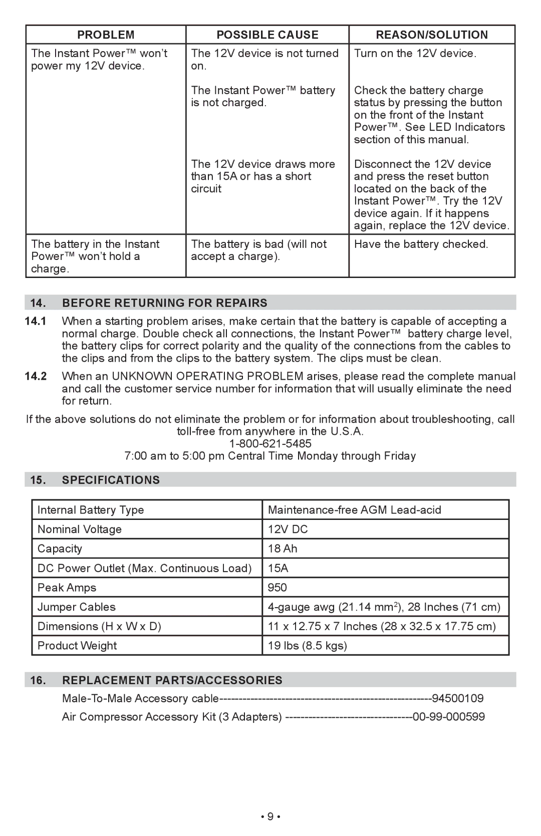 Schumacher IP-1875C owner manual Problem Possible Cause REASON/SOLUTION, Before Returning for Repairs, Specifications 