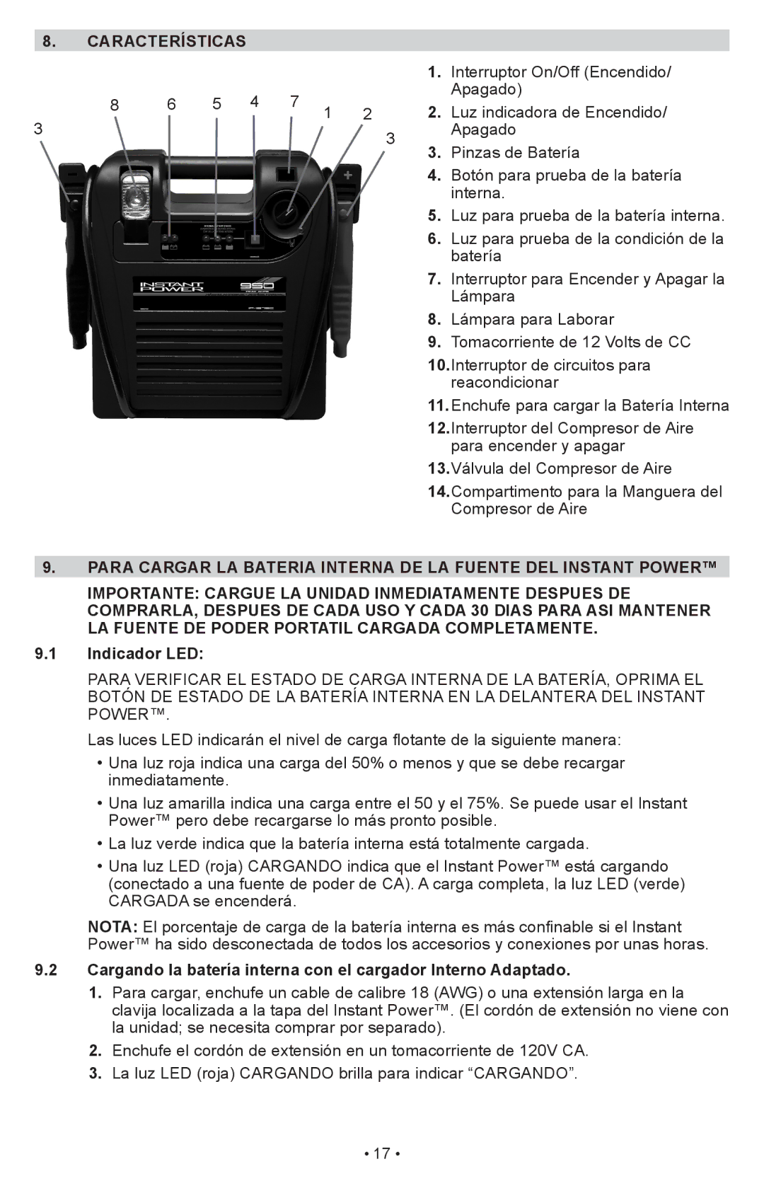 Schumacher IP-1875C owner manual Características, Indicador LED 