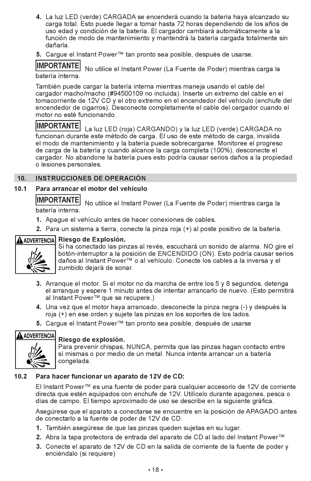 Schumacher IP-1875C owner manual Instrucciones DE Operación, Para arrancar el motor del vehículo, Riesgo de Explosión 