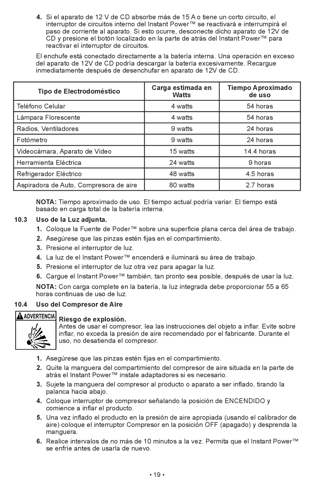 Schumacher IP-1875C owner manual Uso de la Luz adjunta, Uso del Compresor de Aire Riesgo de explosión 