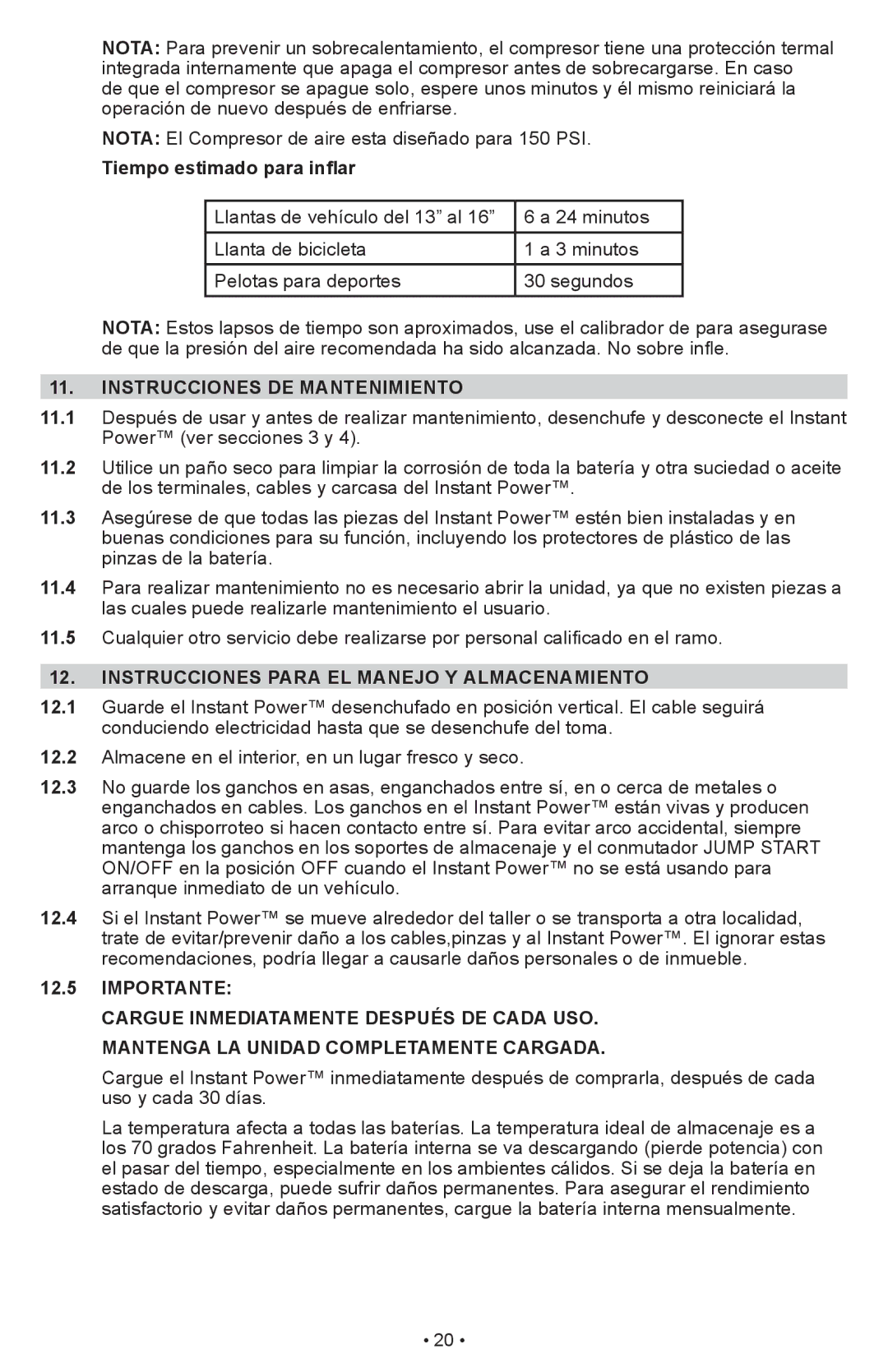 Schumacher IP-1875C owner manual Tiempo estimado para inflar, Instrucciones DE Mantenimiento 