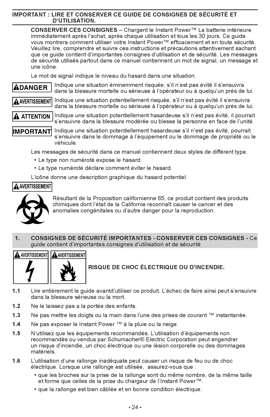 Schumacher IP-1875C owner manual Risque DE Choc Électrique OU D’INCENDIE 