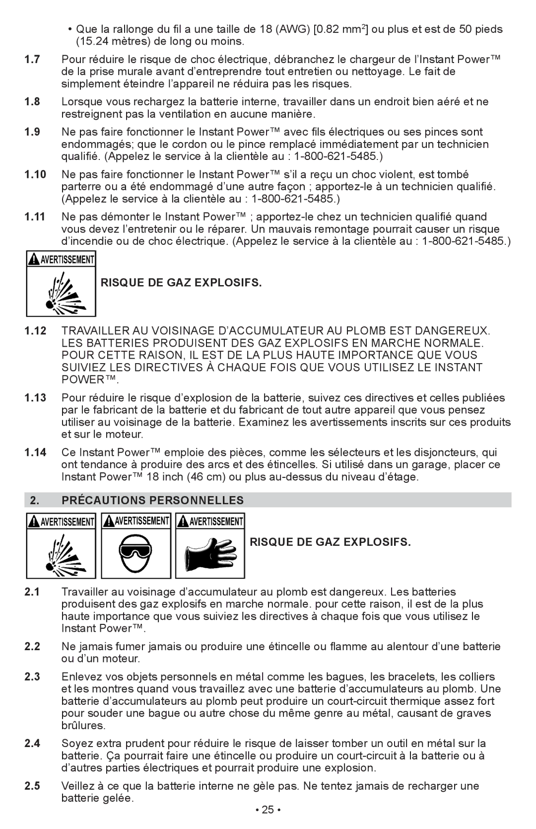 Schumacher IP-1875C owner manual Précautions Personnelles Risque DE GAZ Explosifs 