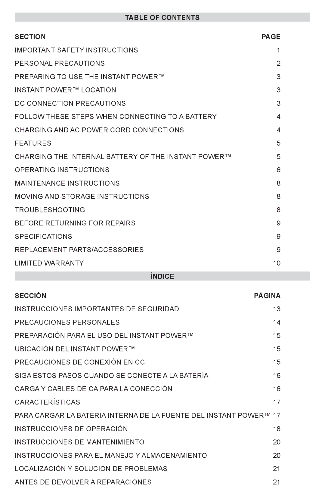 Schumacher IP-1875C owner manual Table of Contents Section, Índice Sección Pàgina 