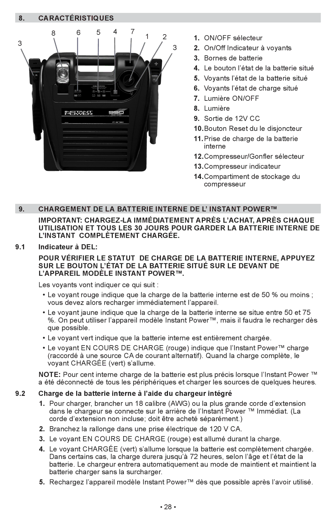 Schumacher IP-1875C owner manual Caractéristiques, Chargement DE LA Batterie Interne DE L’ Instant Power 