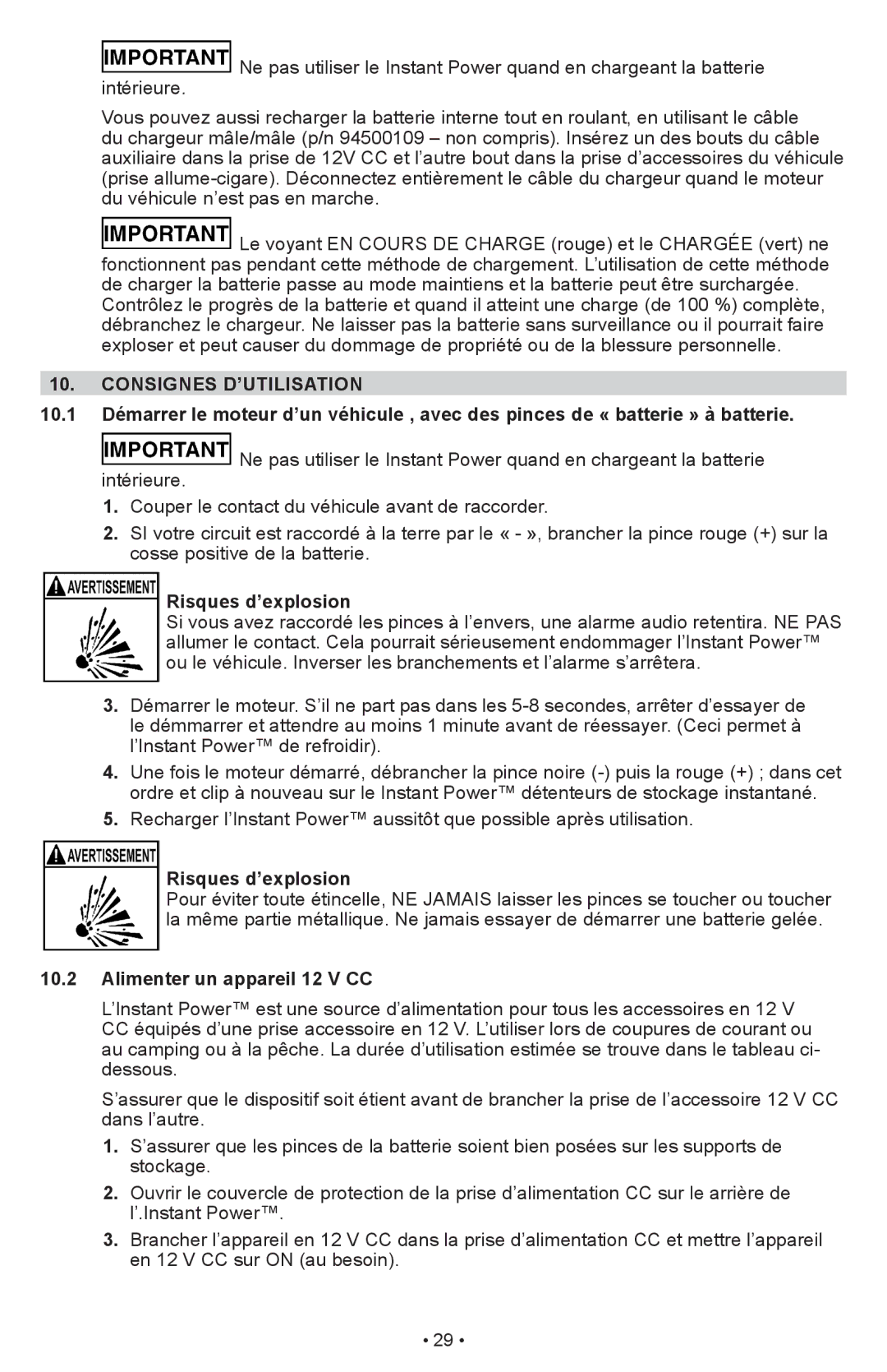 Schumacher IP-1875C owner manual Consignes D’UTILISATION, Risques d’explosion, Alimenter un appareil 12 V CC 